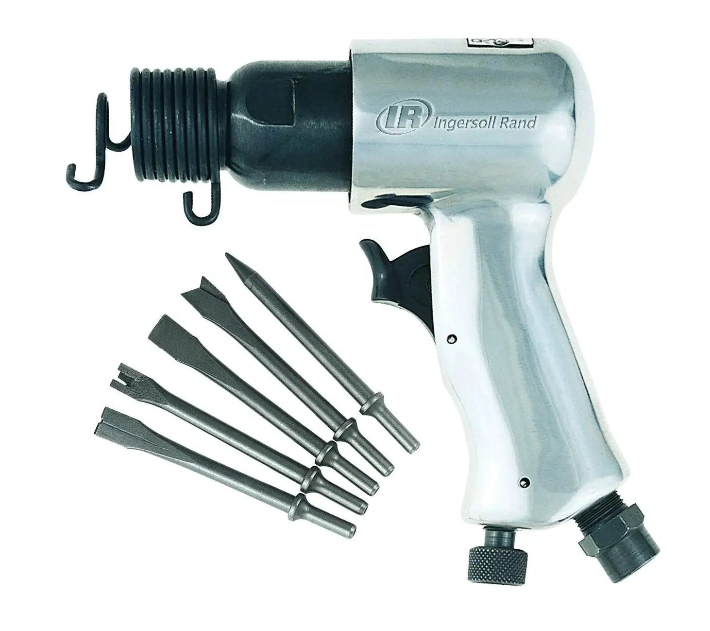 Compact high speed pneumatic hammer with 5 piece chisel set delivers fast, precise work up to 5000 blows per minute