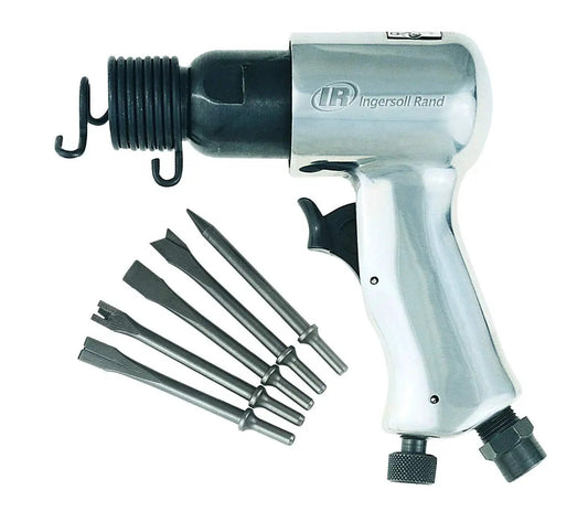 Compact high speed pneumatic hammer with 5 piece chisel set delivers fast, precise work up to 5000 blows per minute