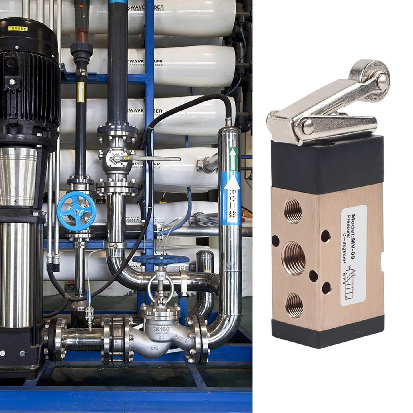 Industrial setup with 2 Position 5 Way Pneumatic Hand Pull Valve Roller Type Pneumatic Mechanical Valve 1/4" PT Port Aluminum Alloy