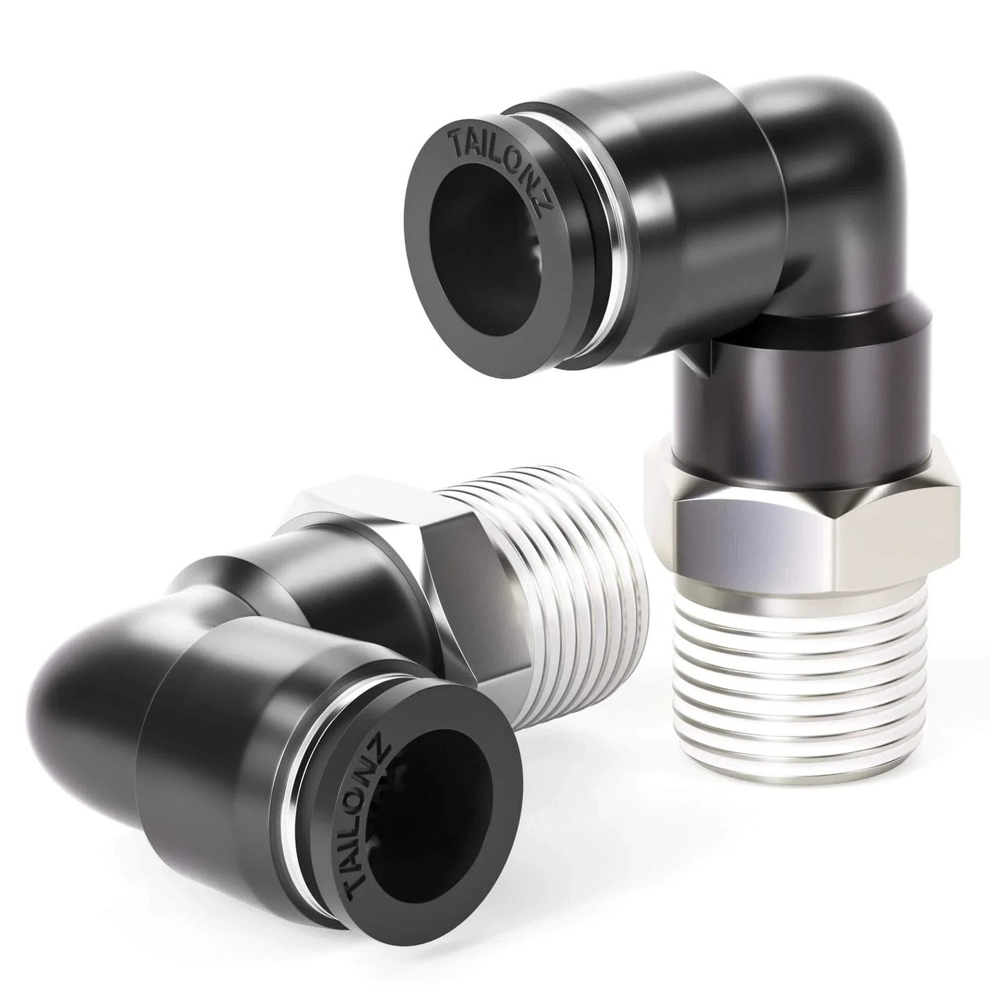 Push To Connect Pneumatic Male Elbow Fittings One Quarter Inch Tube Outer Diameter To One Quarter Inch NPT Thread 90 Degree Connector PL One Quarter N2 Pack Of Ten Copper And Plastic Construction For PU Tubing 0 To 145 Psi, showing two elbow fittings