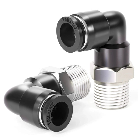 Push To Connect Pneumatic Male Elbow Fittings One Quarter Inch Tube Outer Diameter To One Quarter Inch NPT Thread 90 Degree Connector PL One Quarter N2 Pack Of Ten Copper And Plastic Construction For PU Tubing 0 To 145 Psi, showing two elbow fittings