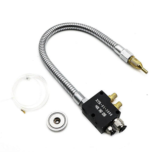 No Leak Mist Coolant Lubrication Spray System for Lathe Milling Drilling and Engraving Machines, with flexible nozzle and accessories.