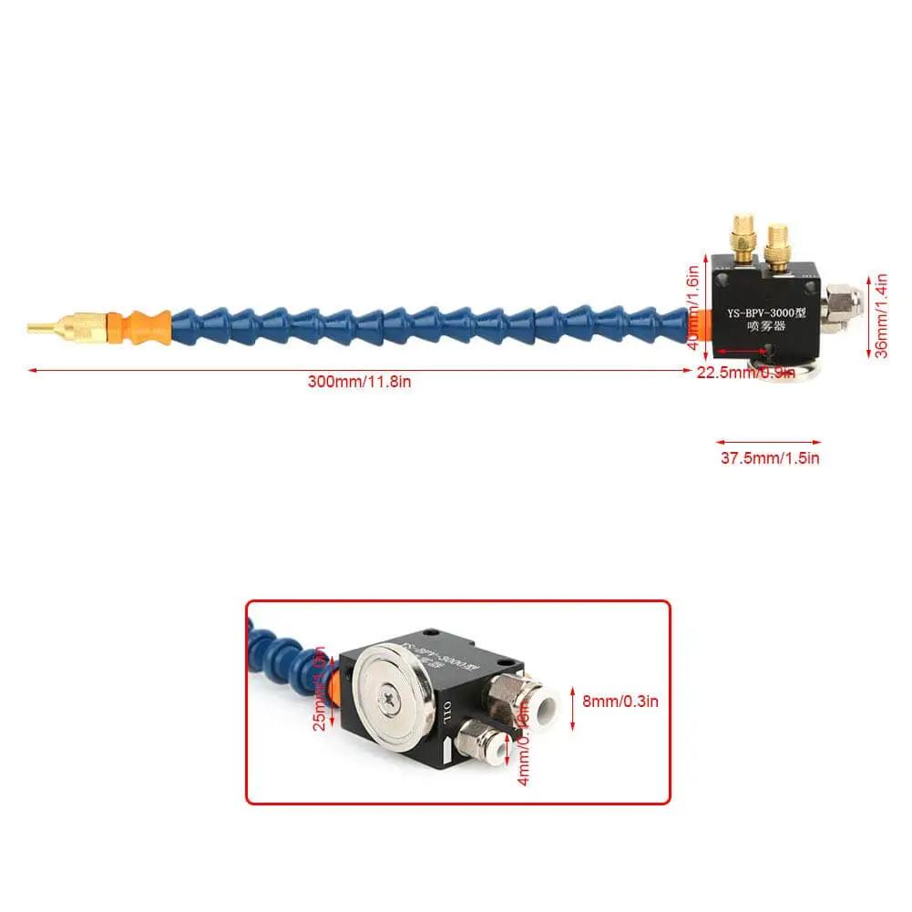 Universal Pneumatic Thin Mist Coolant Sprayer For CNC Engraving And Metalworking Machines With Brass Nozzle shown in dimensions