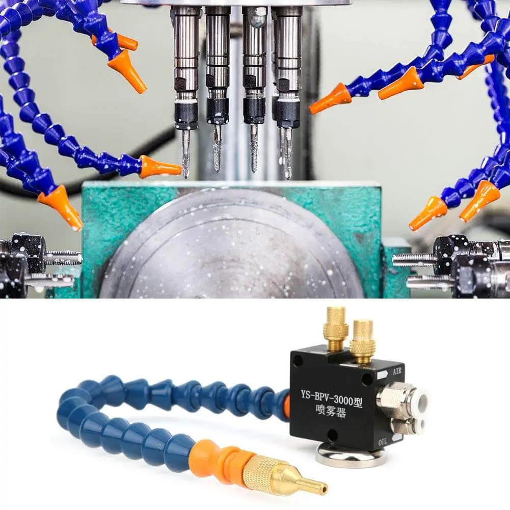 Universal Pneumatic Thin Mist Coolant Sprayer For CNC Engraving And Metalworking Machines With Brass Nozzle shown in use on CNC machine