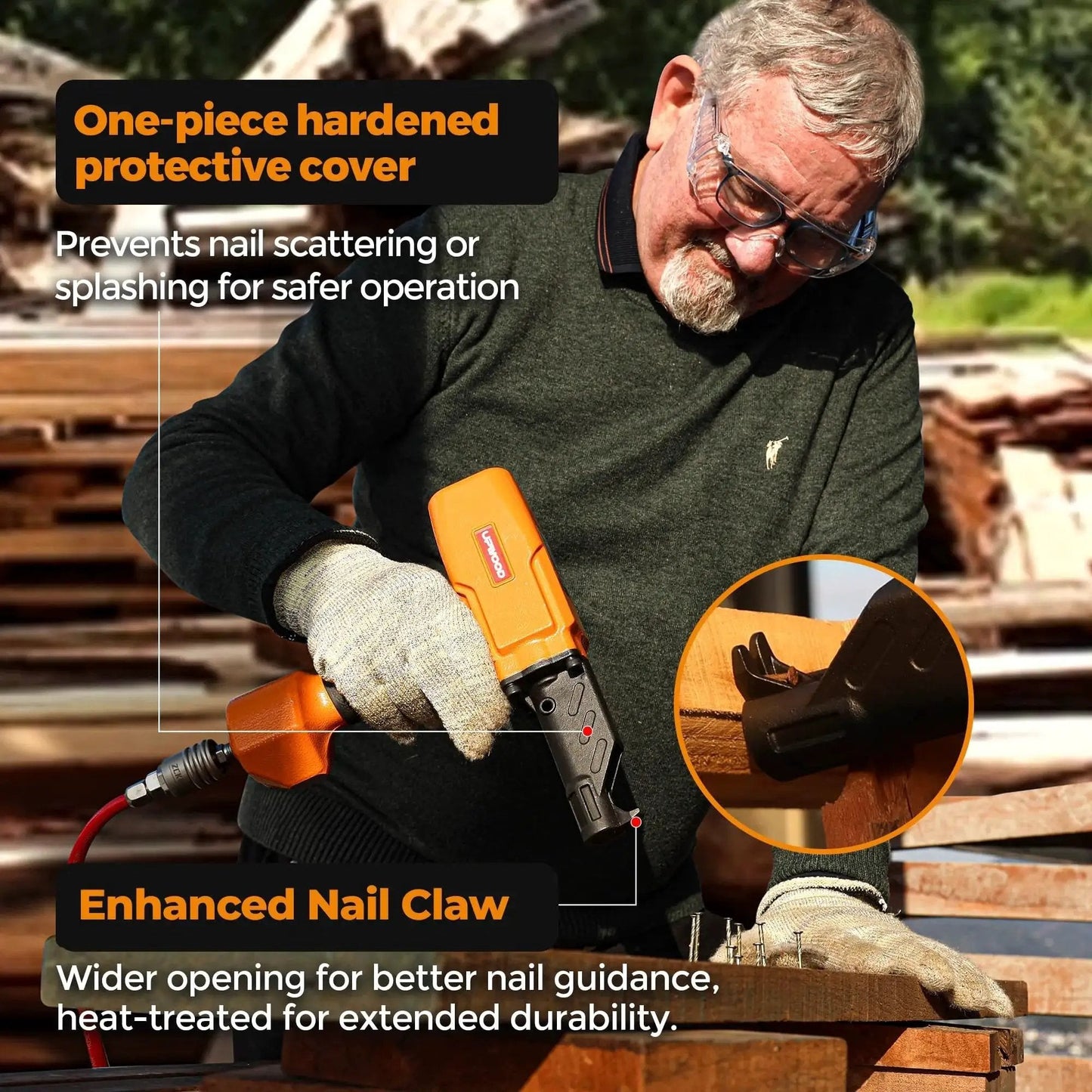 Man using pneumatic nail puller denailer for reclaimed wood pallets fences barn wood and decks with lightweight aluminum body at 80 120 PSI.