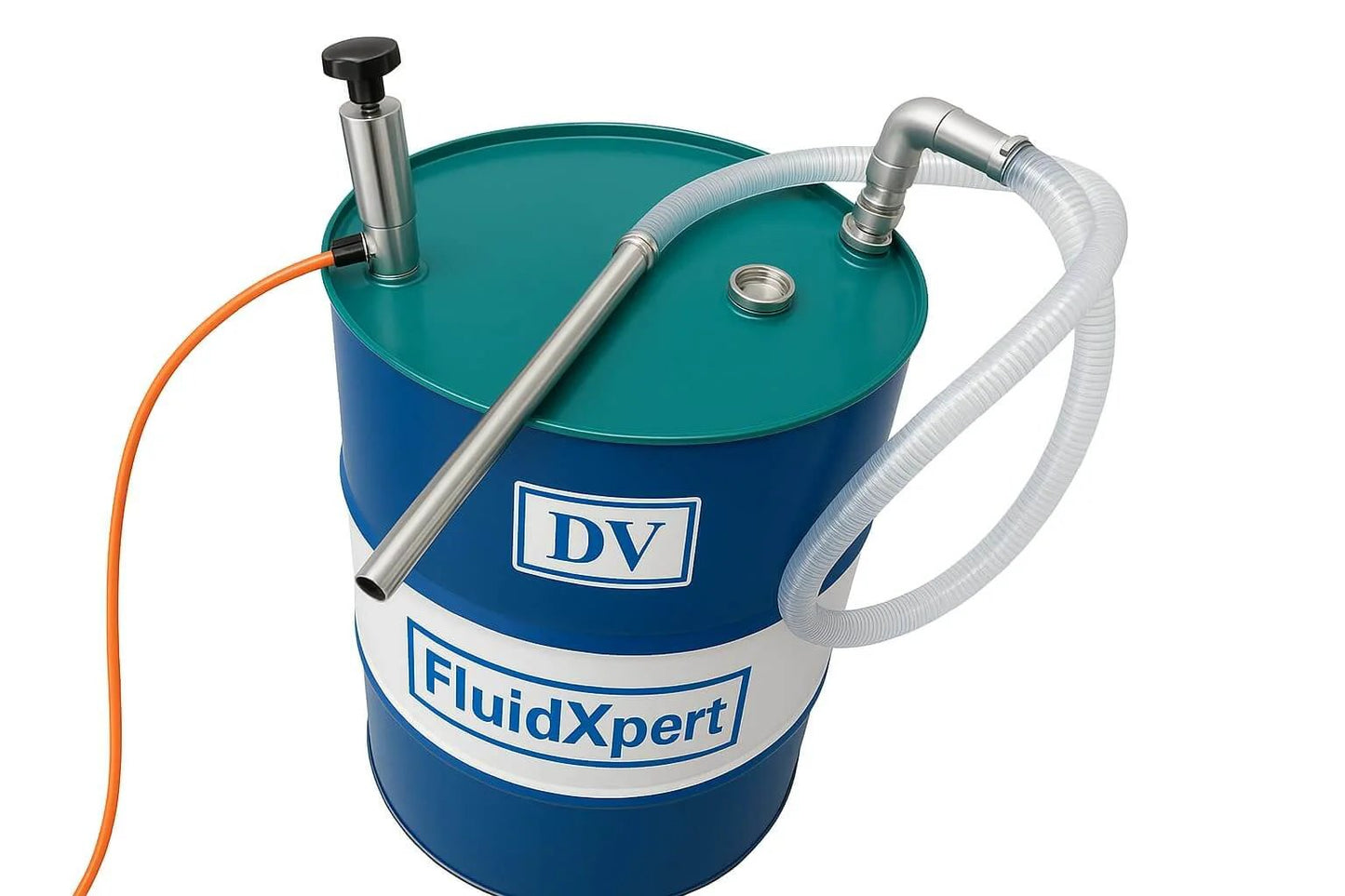 Oil Transfer Pump, Air Operated, Pneumatic, 55 Gallon Drum, 1.25 Inch ID, Teflon Packing, Chemical Transfer, placed on blue drum