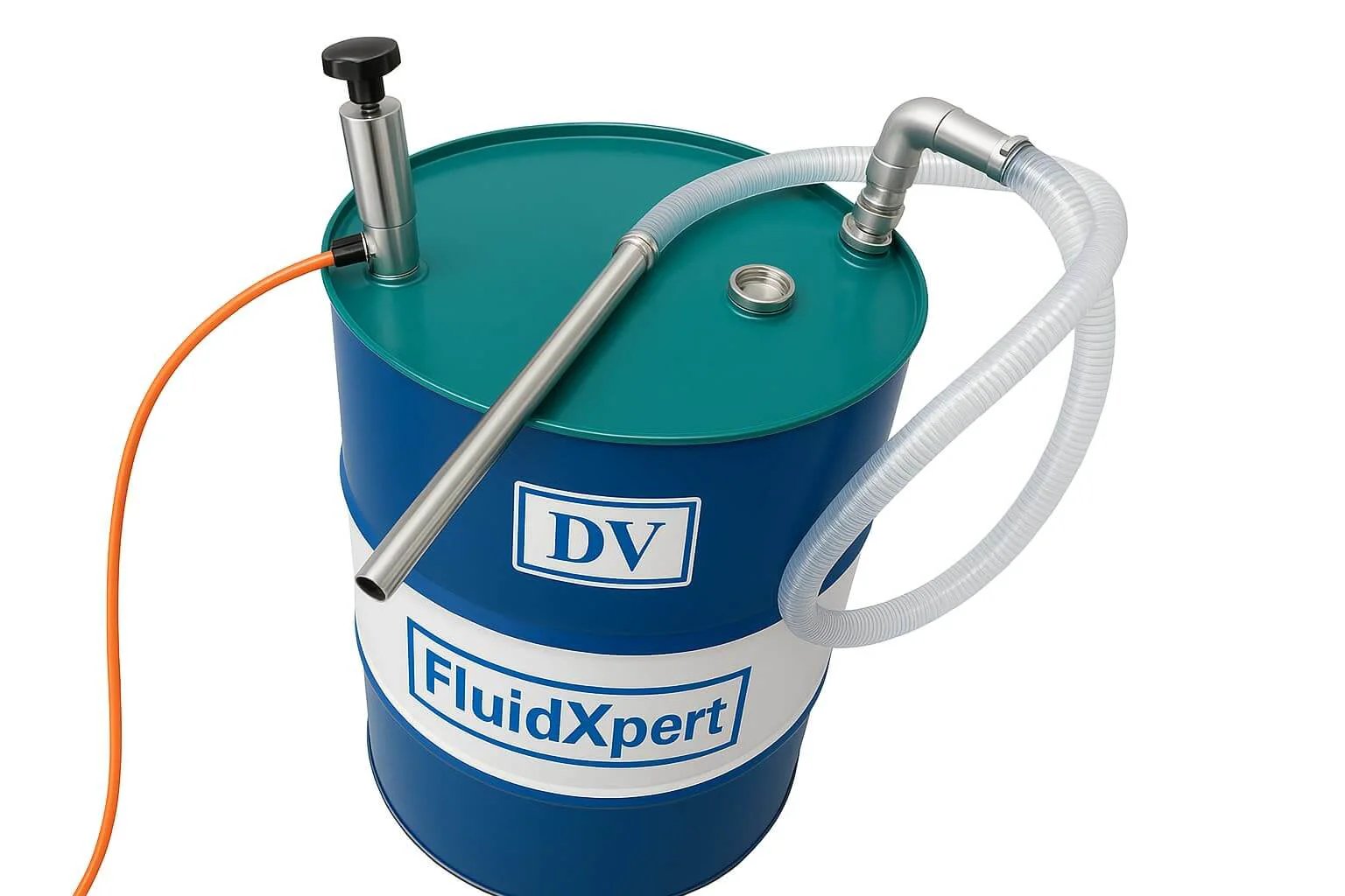 Oil Transfer Pump, Air Operated, Pneumatic, 55 Gallon Drum, 1.25 Inch ID, Teflon Packing, Chemical Transfer, placed on blue drum