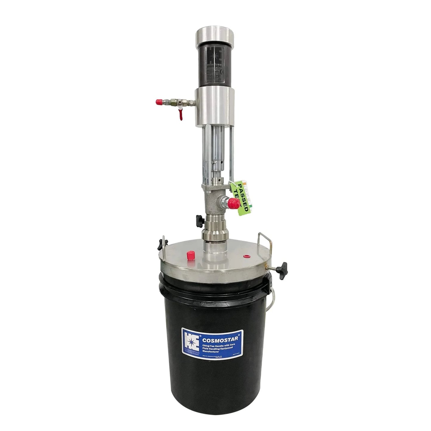 Front view of COSMOSTAR P0204 2:1 Air Operated Pneumatic Oil/Chemical Transfer Pump on a 5 Gallon Drum with Round Pail Cover.