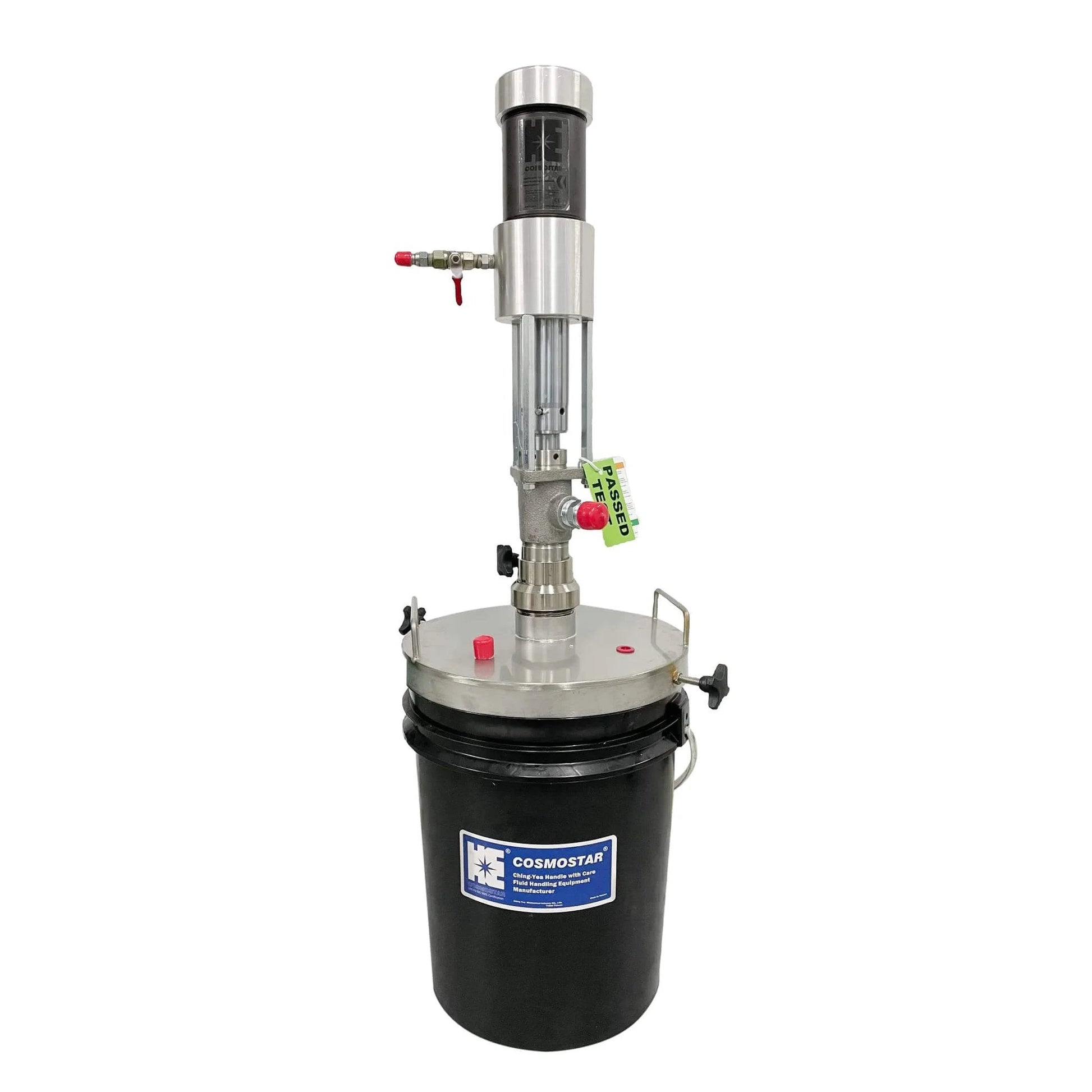Front view of COSMOSTAR P0204 2:1 Air Operated Pneumatic Oil/Chemical Transfer Pump on a 5 Gallon Drum with Round Pail Cover.