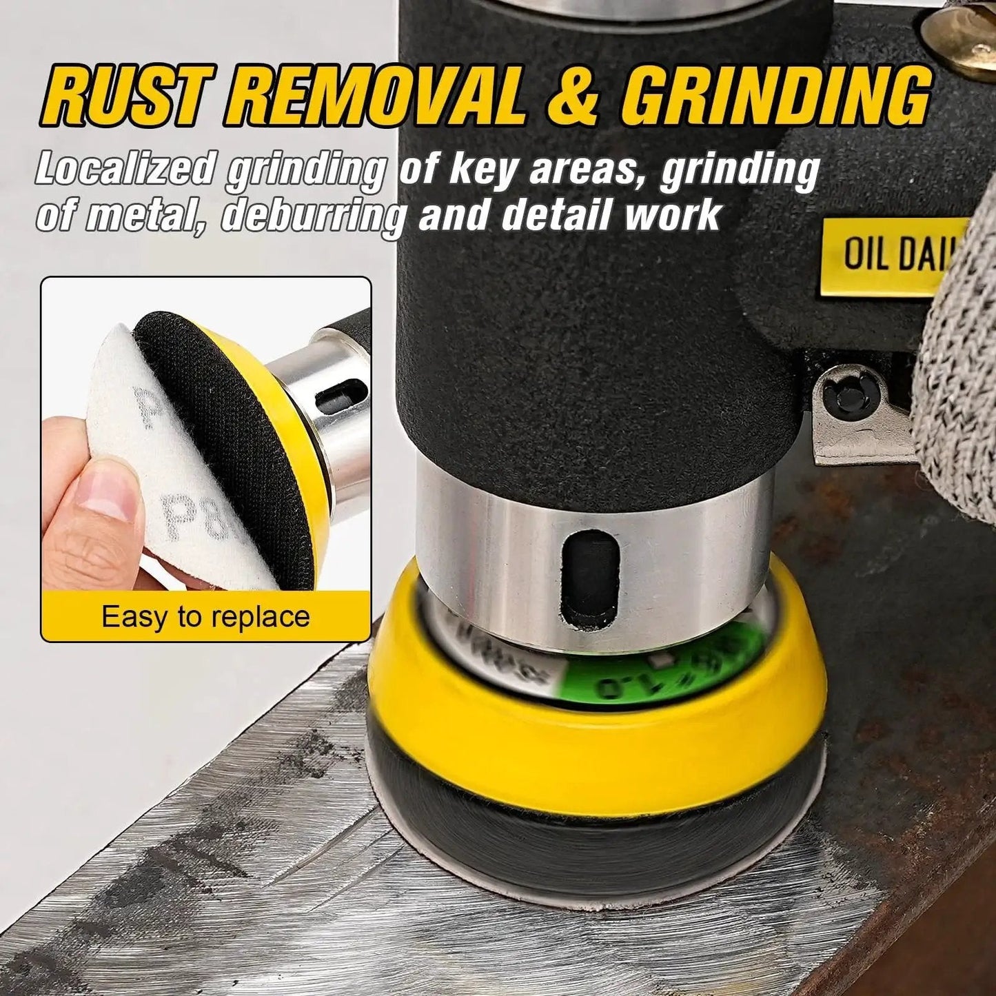 Pneumatic Orbital Sander Kit 1 2 3 Inch With 45 Discs And 3 Backing Pads in use on metal surface for rust removal