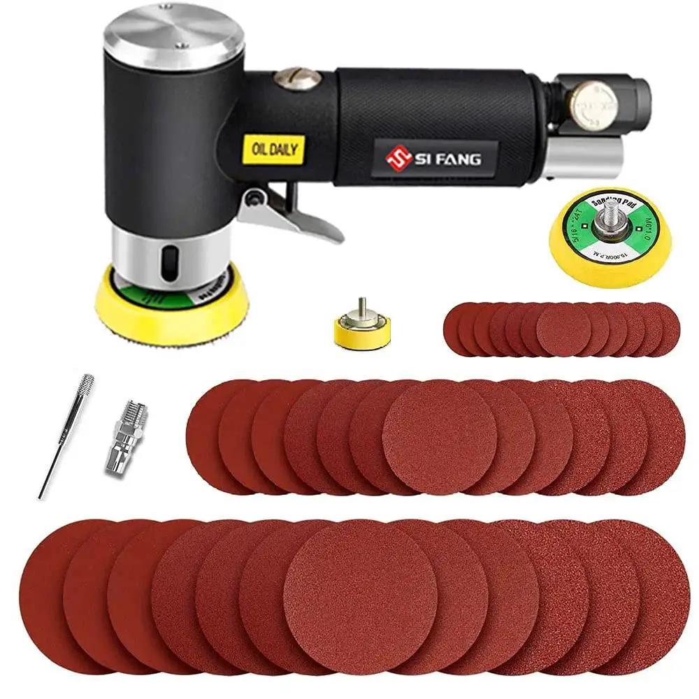Pneumatic Orbital Sander Kit 1 2 3 Inch With 45 Discs And 3 Backing Pads, showing sander, discs, and accessories