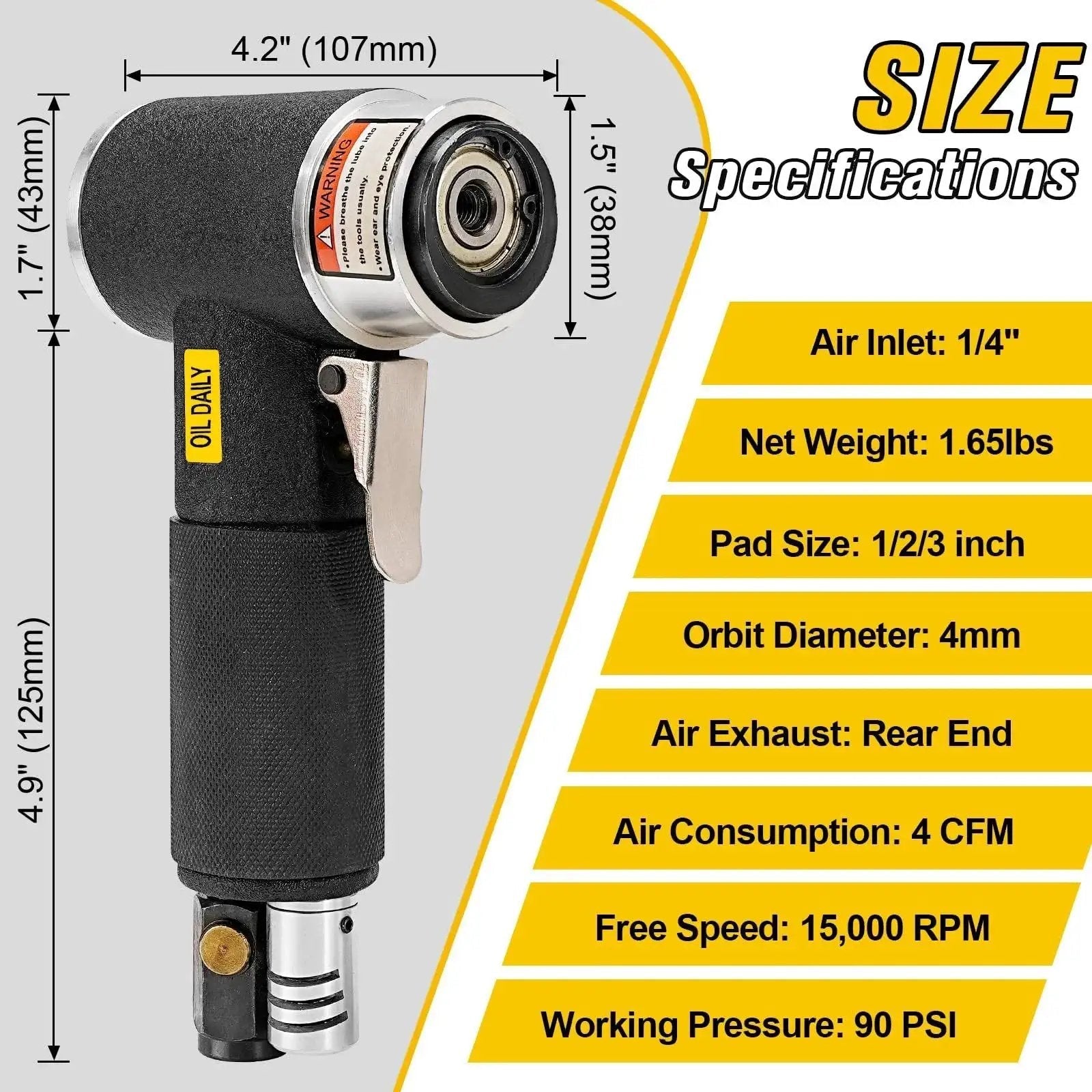Pneumatic Orbital Sander Kit 1 2 3 Inch With 45 Discs And 3 Backing Pads size specifications details.