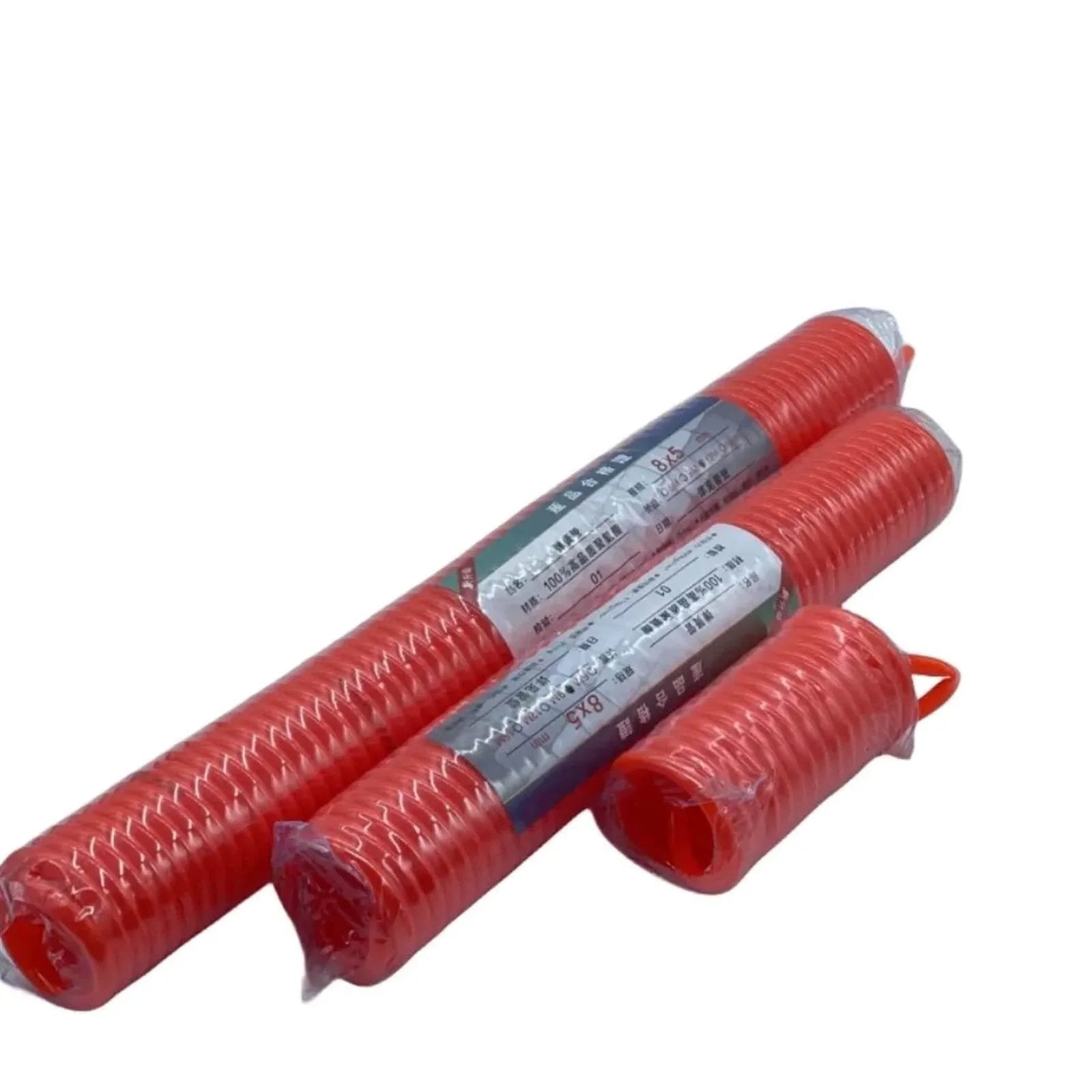 Three 12 Meter Pneumatic PU 6x4mm Telescopic Spiral Hoses for air compressors, flexible orange spring tubes for air, water, and oil use.