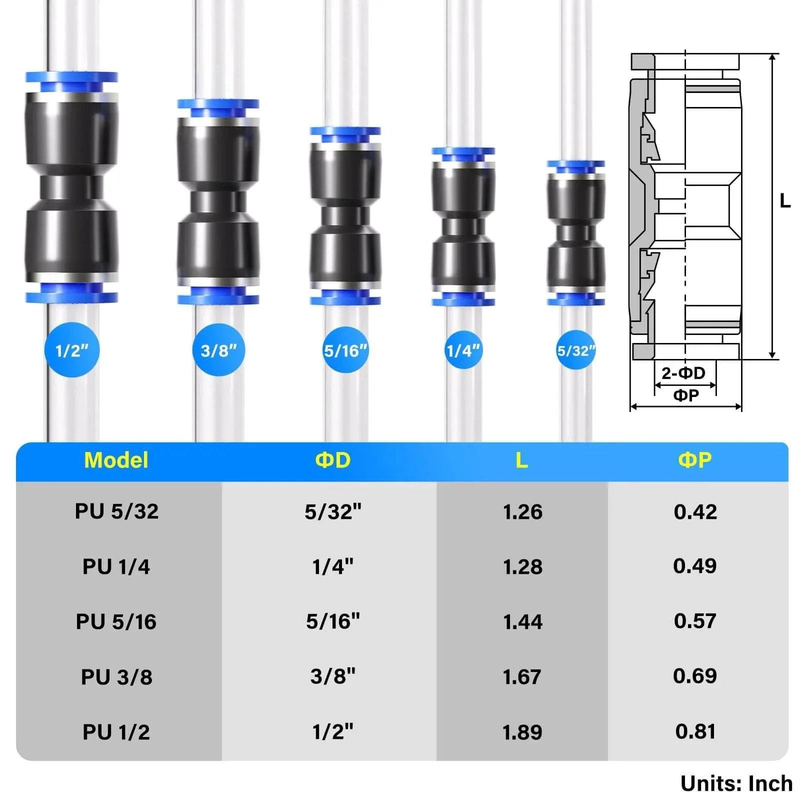30 Pcs Pneumatic Straight Push Connectors Set showing various sizes and dimensions for quarter inch to three eighth inch tubing.