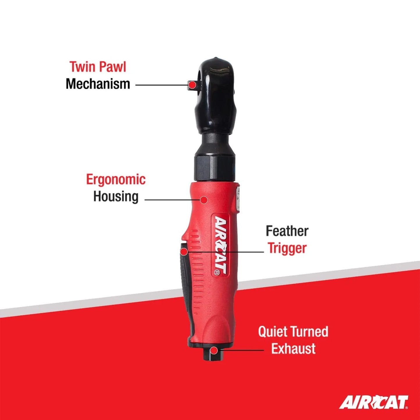 Front view of Pneumatic Tools 802: Composite Twin Pawl Ratchet Wrench 70 ft-lbs of Torque - 3/8-Inch with labeled features