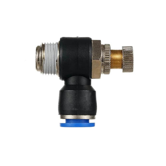 Side view of 1PCS Pneumatic quick connect connector air speed regulating valve Accelerator valve,SL12-01 with brass and plastic fittings.