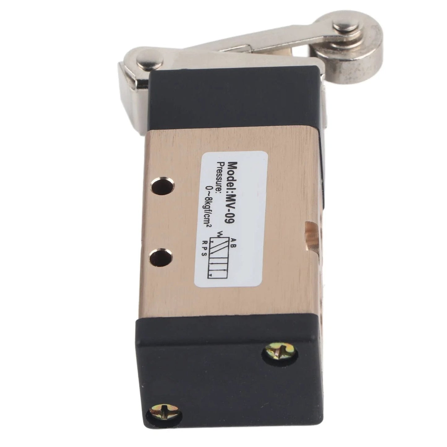 2 Position 5 Way Pneumatic Hand Pull Valve Roller Type Pneumatic Mechanical Valve 1/4" PT Port Aluminum Alloy Pneumatic Switch Valve MV-09 Pneumatic Control Reversing Valve, shown in side view with visible roller lever and aluminum alloy body.