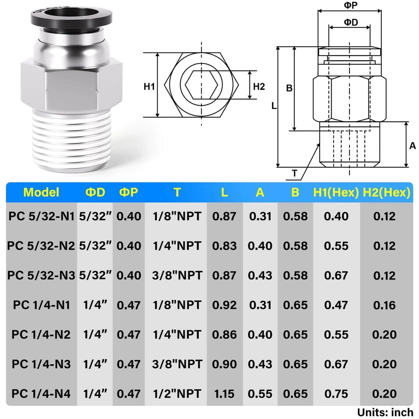 Diagram and measurements of PNEUMATIC Male Straight 1/4 Inch Tube OD x 1/4 Inch NPT Thread Push to Connect Fitting PC-1/4-N2