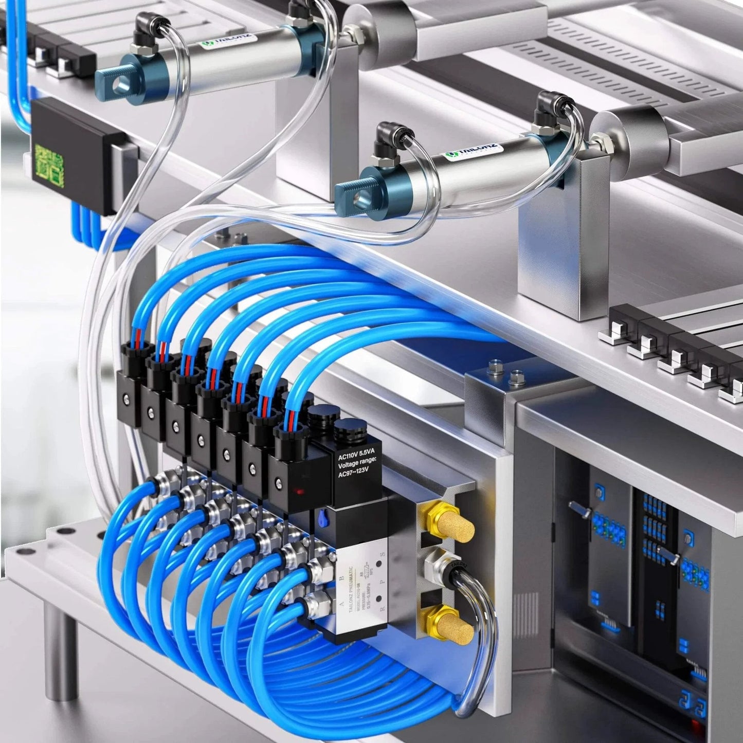 Elbow and Straight Push To Connect Fittings One Quarter Inch Tube OD X One Quarter Inch NPT Thread Copper And Plastic Pack Of Twelve PC installed in a pneumatic system with blue tubing.