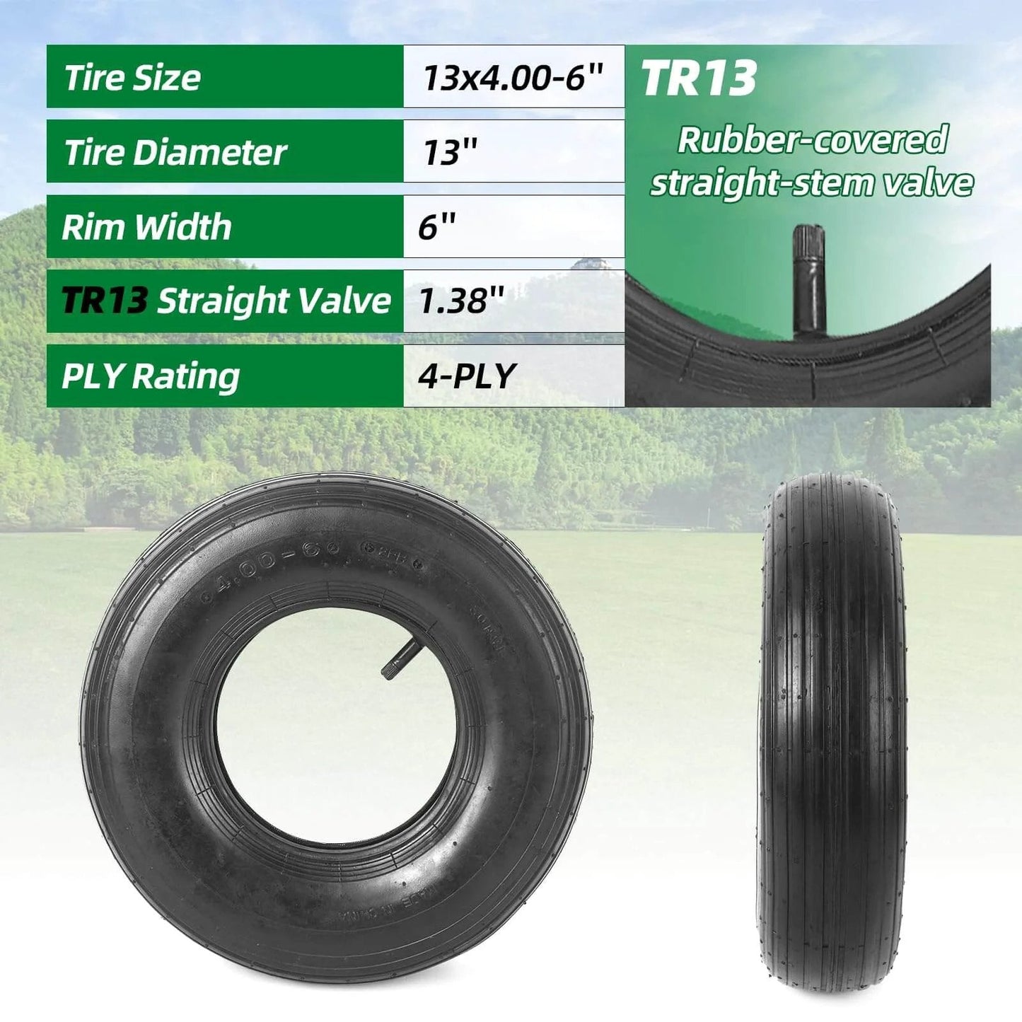 4.00-6 replacement pneumatic tires and inner tubes, universal fit 13” tires, TR13 straight valve, for wheelbarrows and carts