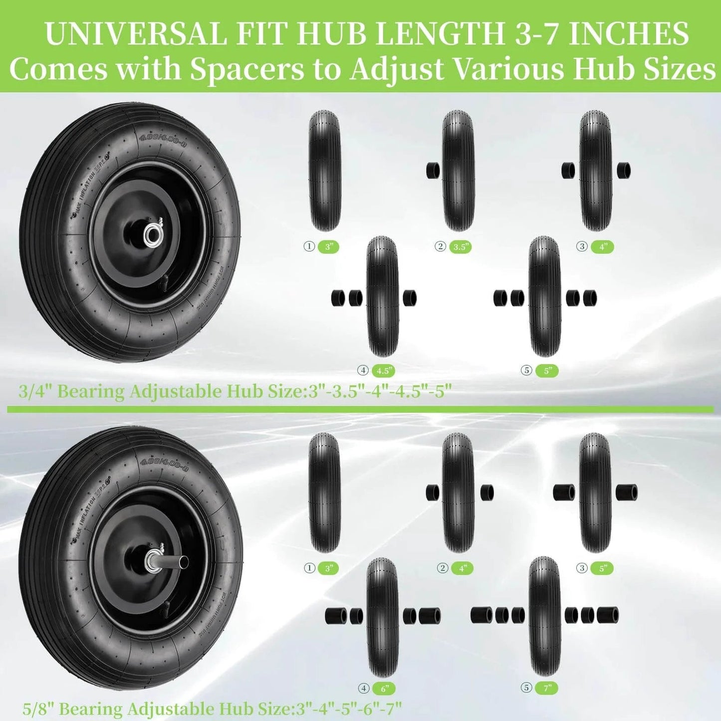 Universal pneumatic wheelbarrow tire with adjustable spacers for 3-7 inch hub, showing 2 pack 4.80/4.00-8 tire and wheel design