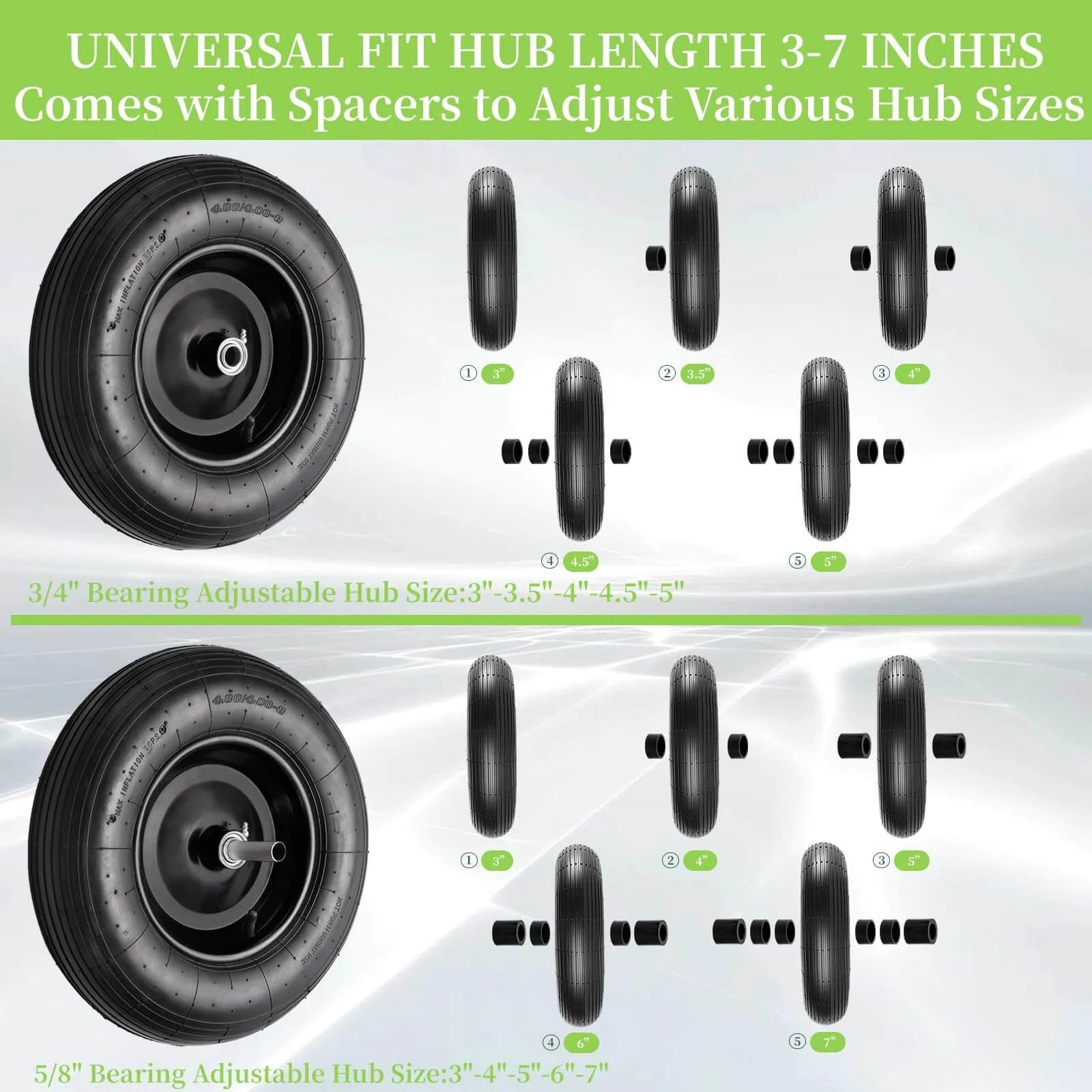 Universal pneumatic wheelbarrow tire with adjustable spacers for 3-7 inch hub, showing 2 pack 4.80/4.00-8 tire and wheel design