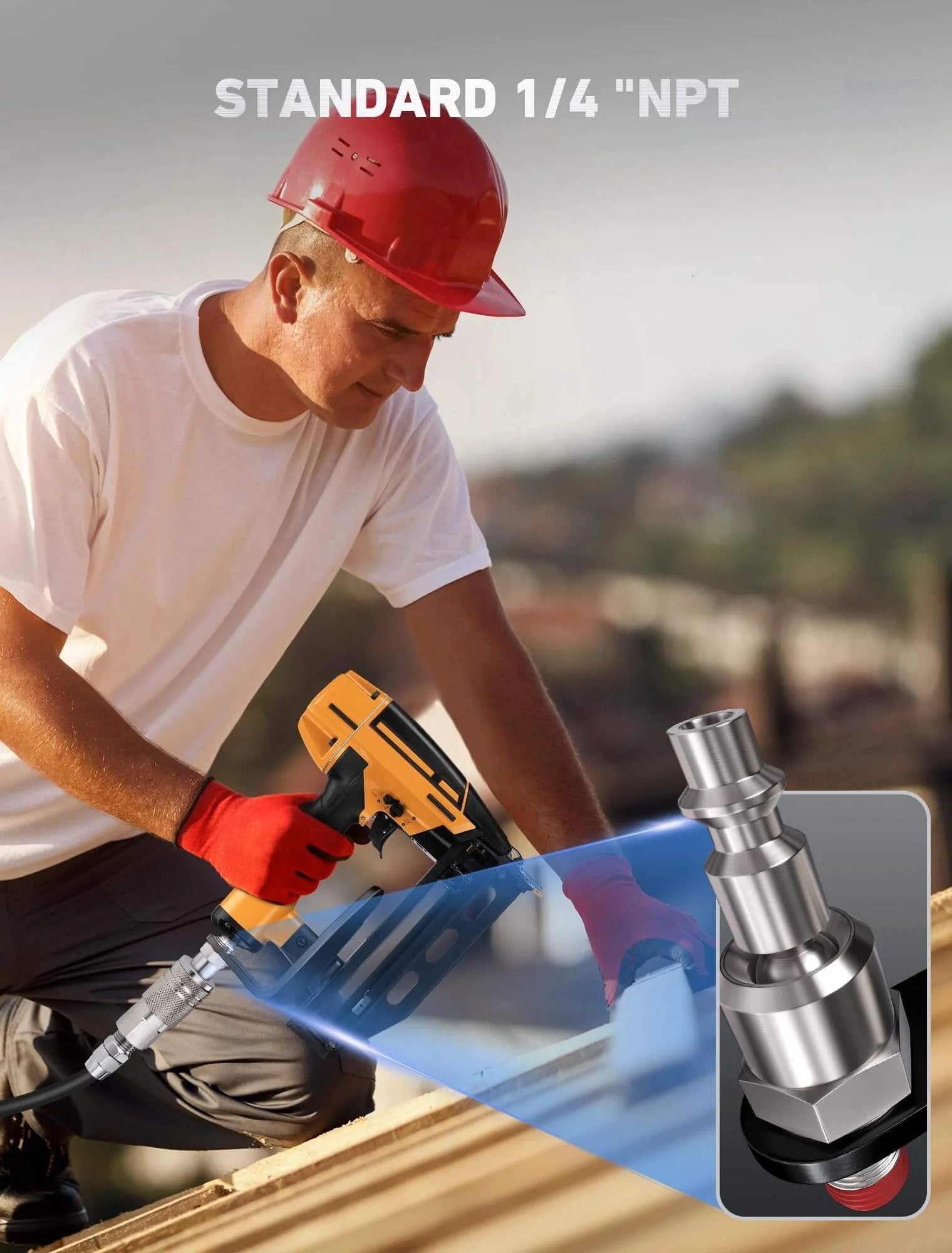 Worker using Pneumatic Tool Rafter Hook Hanger with 1/4 Inch & 360° Swivel Air Fitting on a roof with air nailer