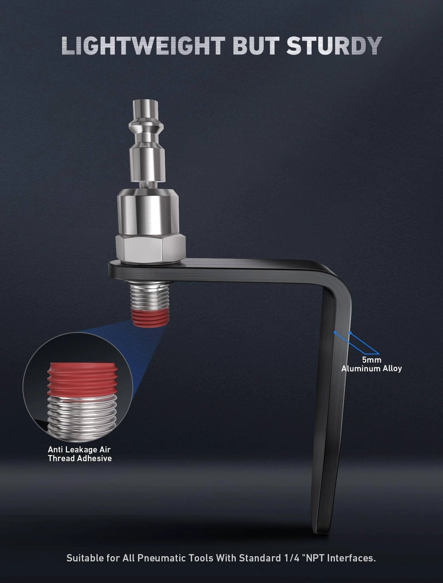 Pneumatic Tool Rafter Hook Hanger with 1/4 Inch & 360° Swivel Air Fitting; lightweight aluminum organizer holder with anti-leakage seal.