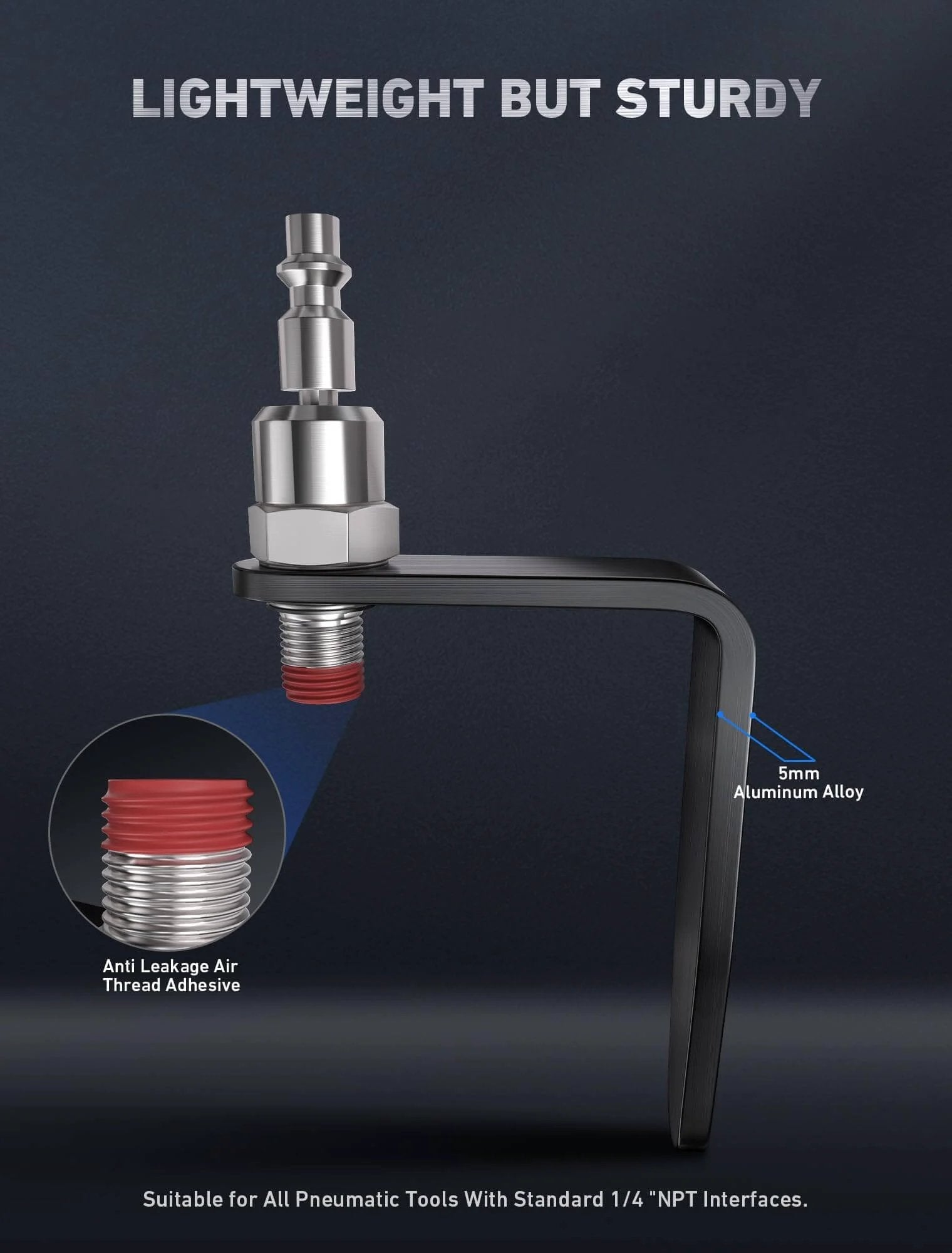 Pneumatic Tool Rafter Hook Hanger with 1/4 Inch & 360° Swivel Air Fitting; lightweight aluminum organizer holder with anti-leakage seal.