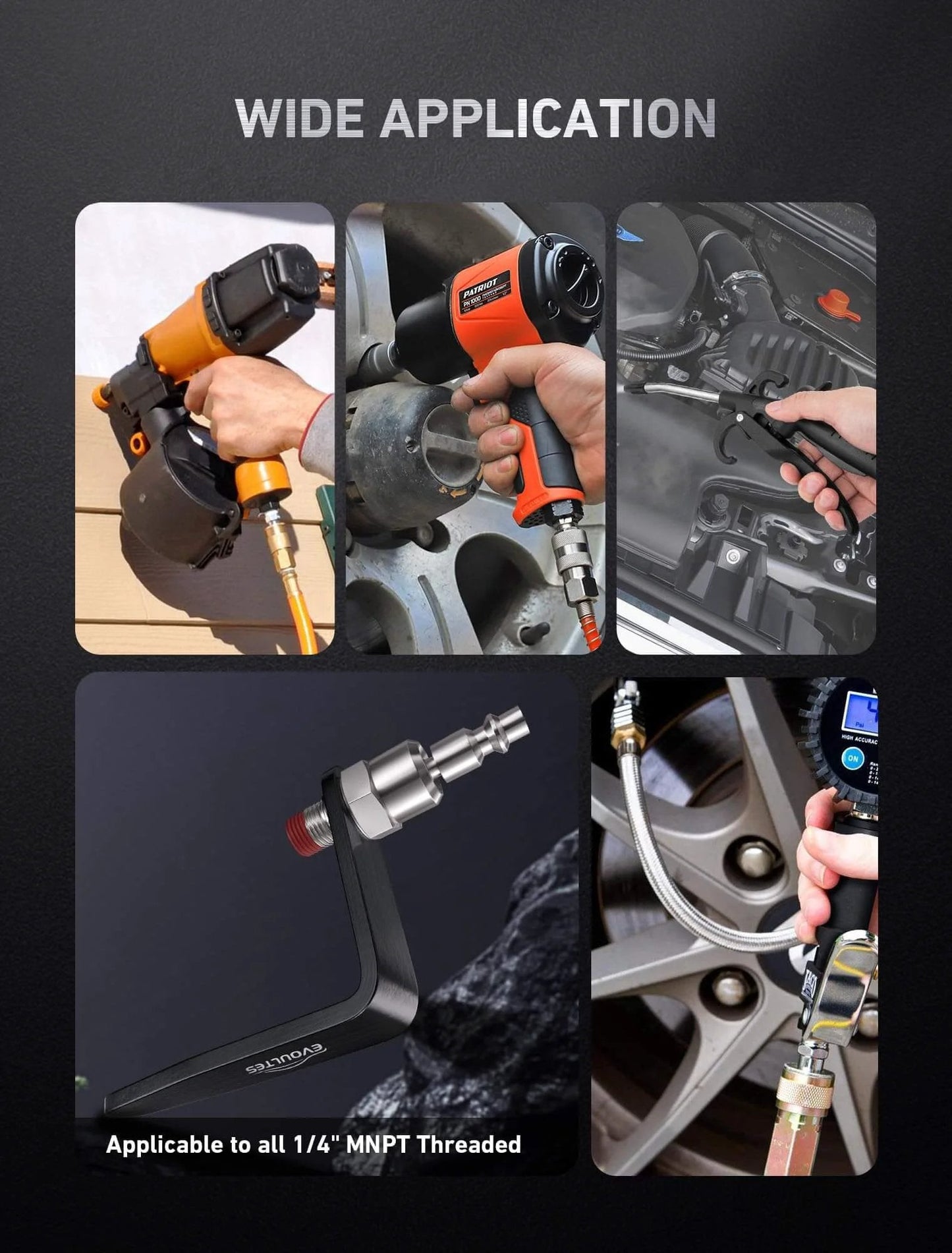 Pneumatic Tool Rafter Hook Hanger with 1/4 Inch & 360° Swivel Air Fitting shown in multiple tool applications.