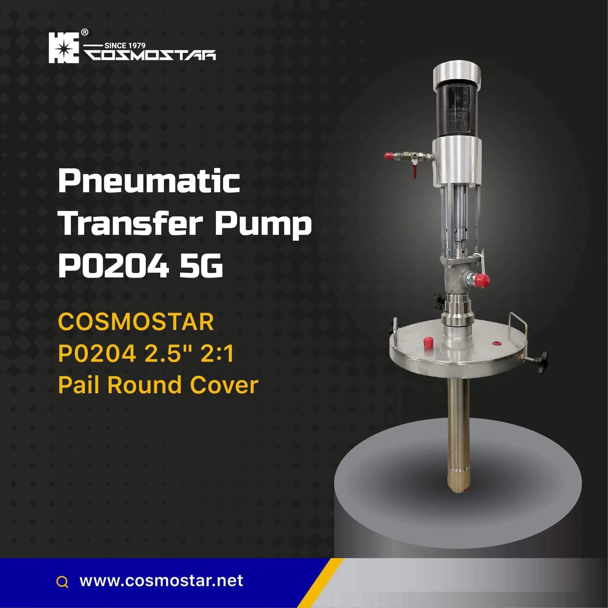 COSMOSTAR P0204 2:1 Air Operated Pneumatic Oil/Chemical Transfer Pump with Round Pail Cover on 5 Gallon Drum