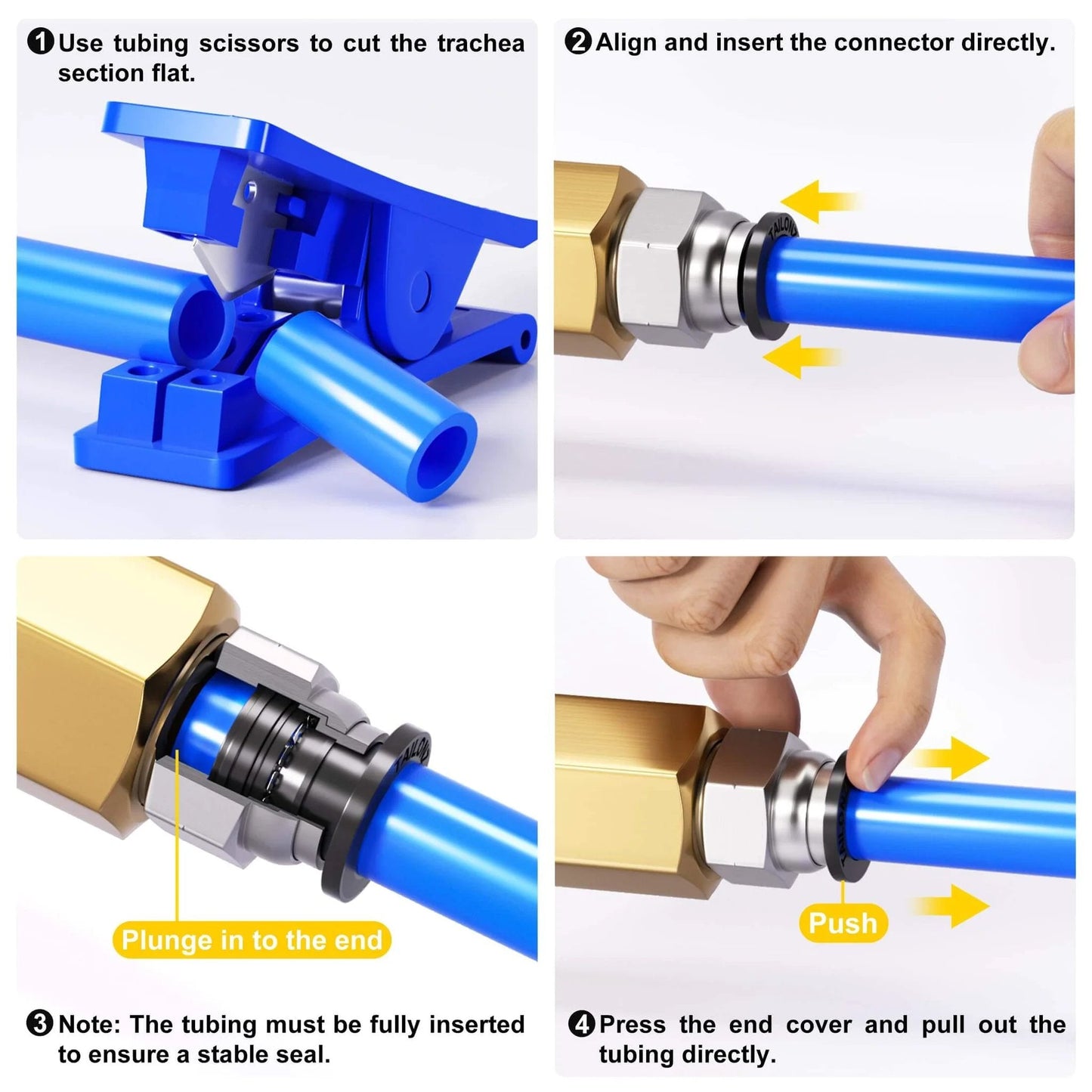 Using PNEUMATIC Male Straight 1/4 Inch Tube OD x 1/4 Inch NPT Thread Push to Connect Fitting PC-1/4-N2 in four steps