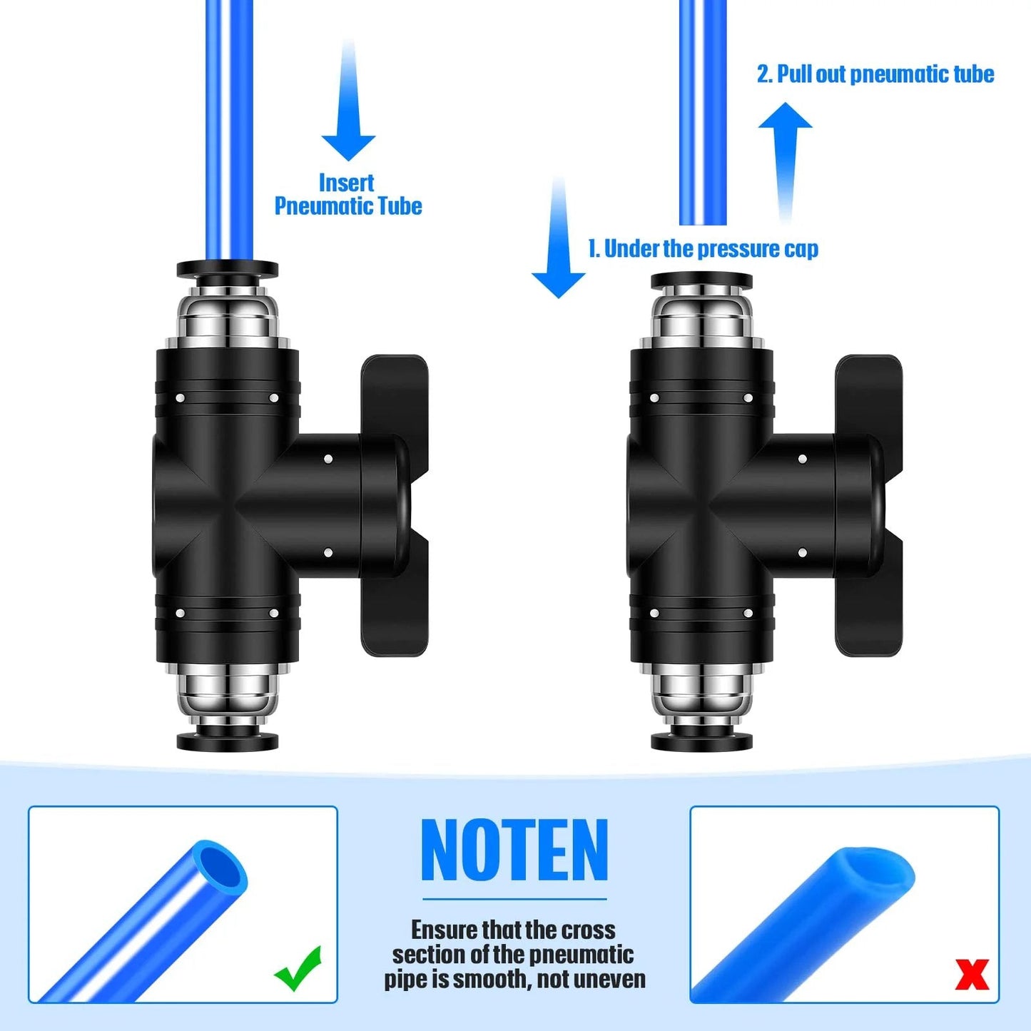 Five Piece One Quarter Inch Outer Diameter Push To Connect Pneumatic Ball Valve Set Black PVC Air Flow Control Quick Connect Tube Fittings For Air Lines Durable Plastic Construction Great For DIY Projects And Garage Use Flutesan with blue pneumatic tube instructions.