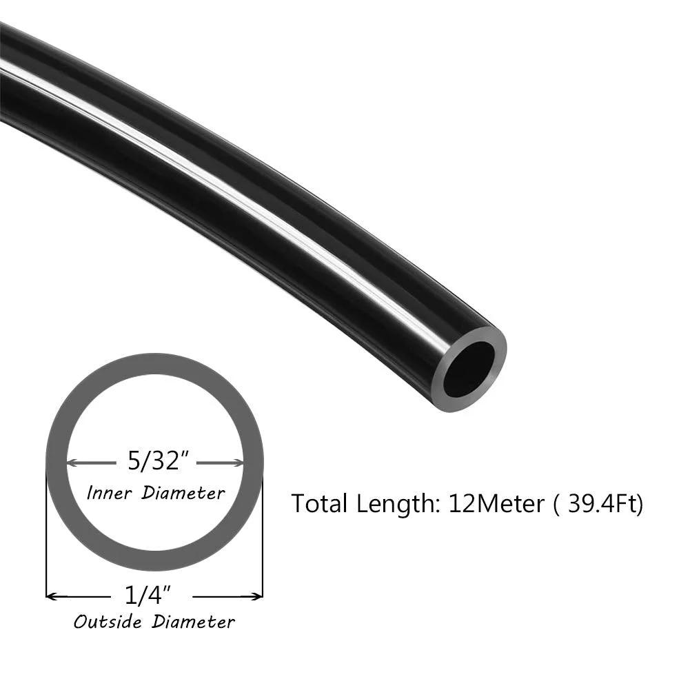 Pneumatic Tubing For Air Tools And Water Transfer For Pros One Quarter Inch PU Line Hose Black 39.4 Feet 12 Meters For Air Compressors And Fluid Transfer With 145 PSI Working Pressure And 363 PSI Burst Beduan showing flexible black PU tubing with dimensions.