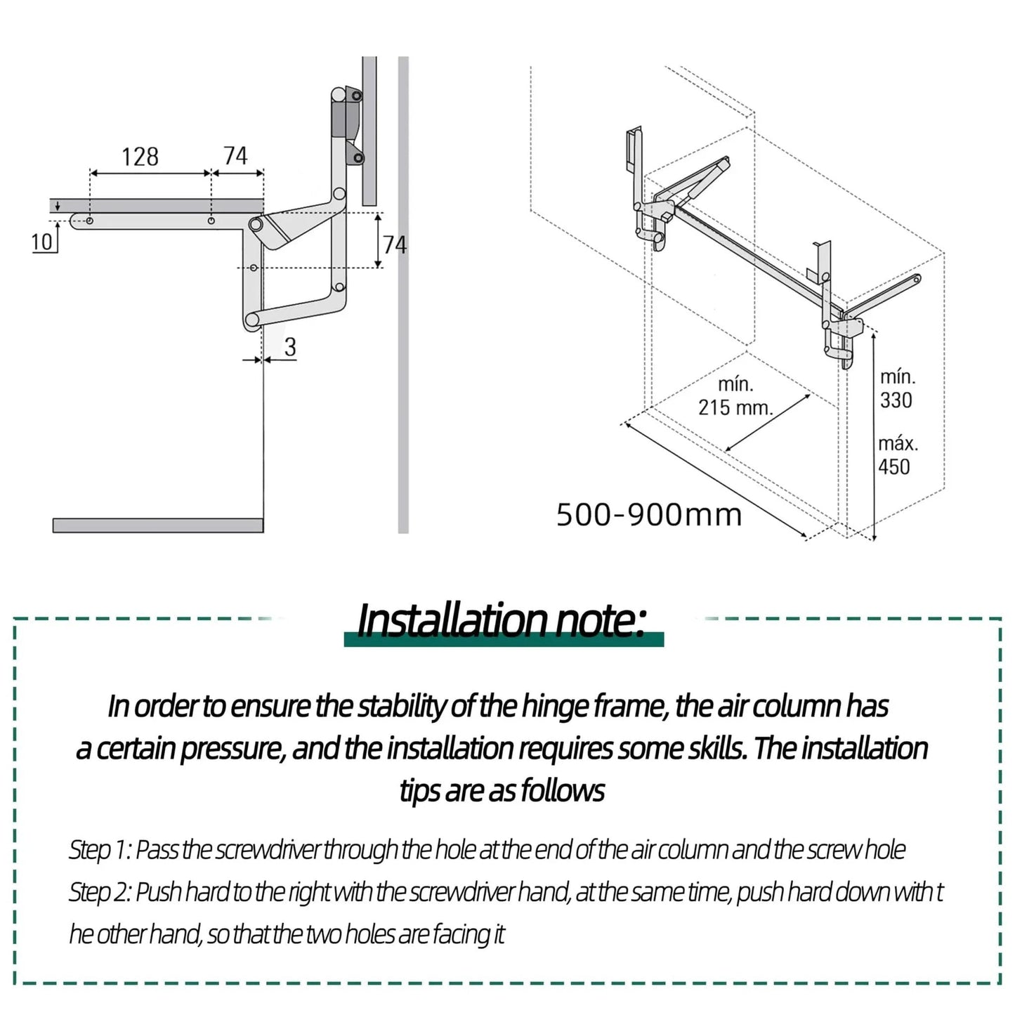 Installation diagram of Vertical Lift Hinge, Vertical Swing Lift Pneumatic Arm Kitchen Mechanical Hinge for cabinet width 19.69-35.43 inches.