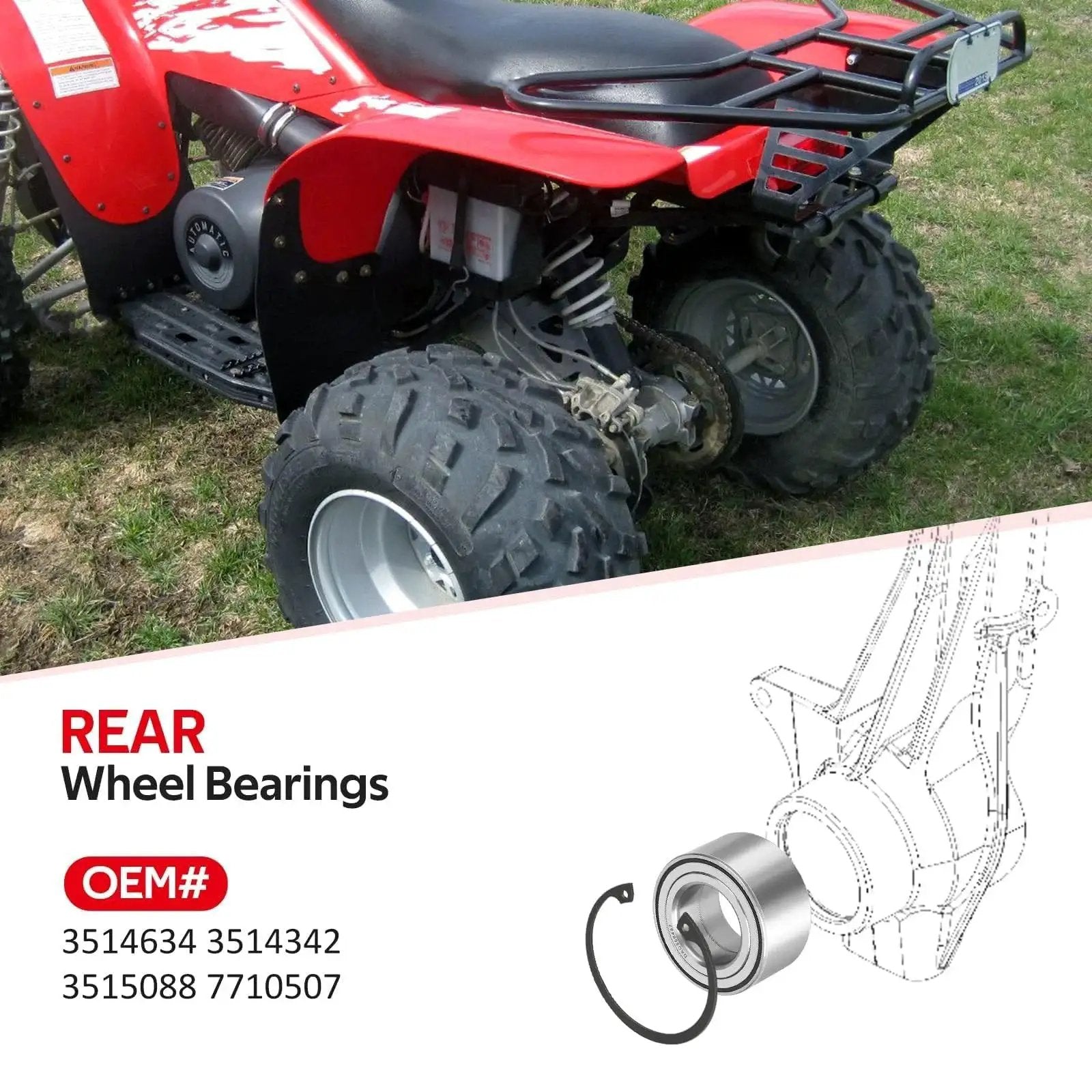 Rear Wheel Bearings For Polaris ATVs And UTVs Heavy Duty Fitment For Trail Blazer 330 Trail Boss 330 Outlaw 500 525 Sportsman 300 400 500 ATP 330 500 Hawkeye 300 35 x 64 x 37 Mm JAVIK next to ATV rear wheels.
