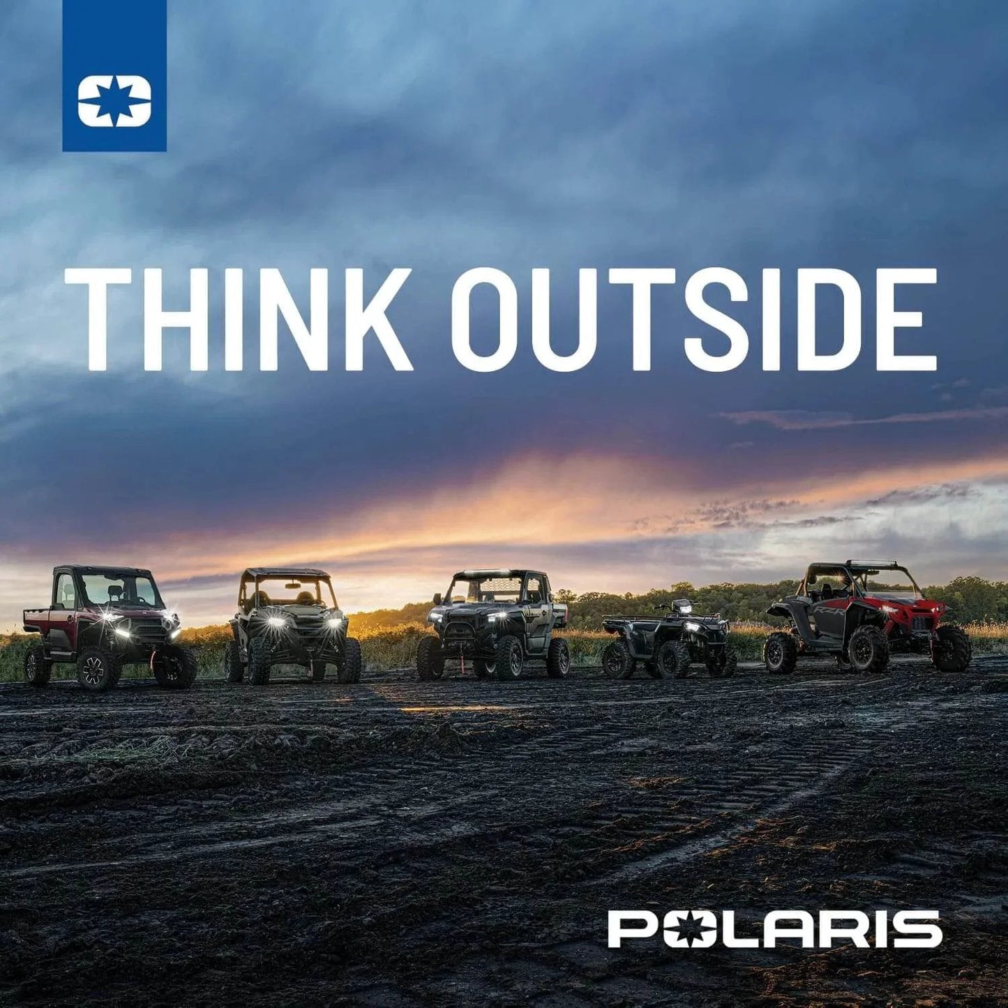 Lineup of Polaris vehicles in outdoor setting at sunset, highlighting GENERAL, RANGER, RZR models under 'Think Outside' text.