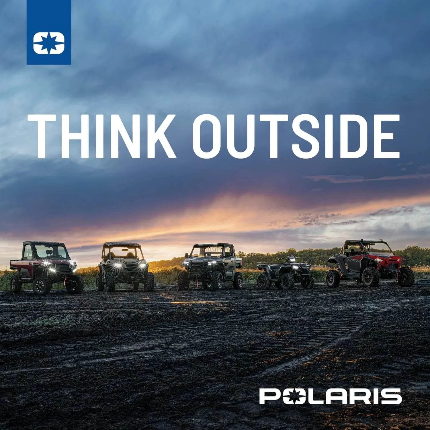 Lineup of Polaris vehicles in outdoor setting at sunset, highlighting GENERAL, RANGER, RZR models under 'Think Outside' text.