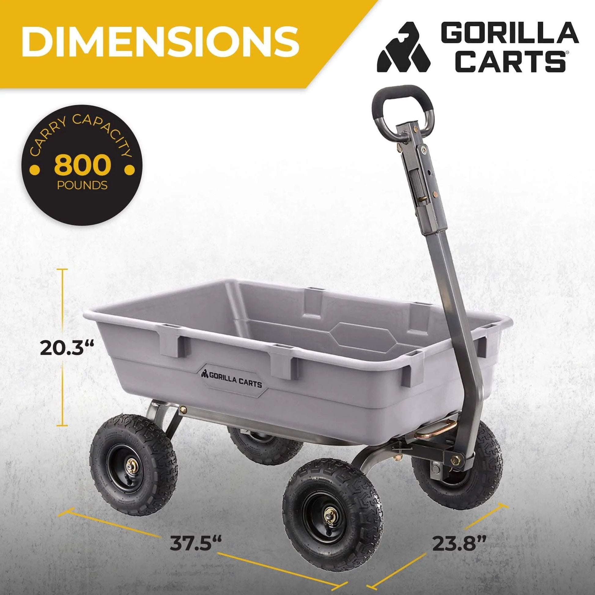 Heavy Duty Poly Dump Cart with 5 Cu Ft Tub 800 LB Haul Capacity Towable Utility Wagon, side view dimensions with pneumatic tires.