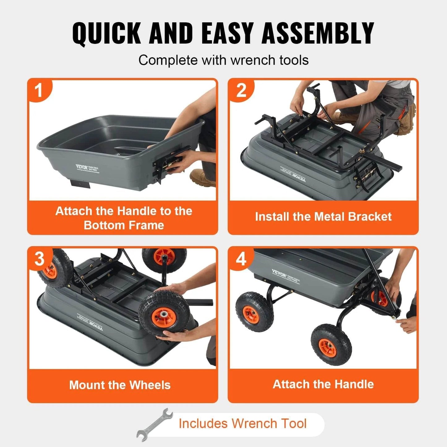4 Cu Ft Poly Garden Cart Dump Wagon assembly instructions with handle attachment, bracket installation, wheel mounting, and handle fitting.