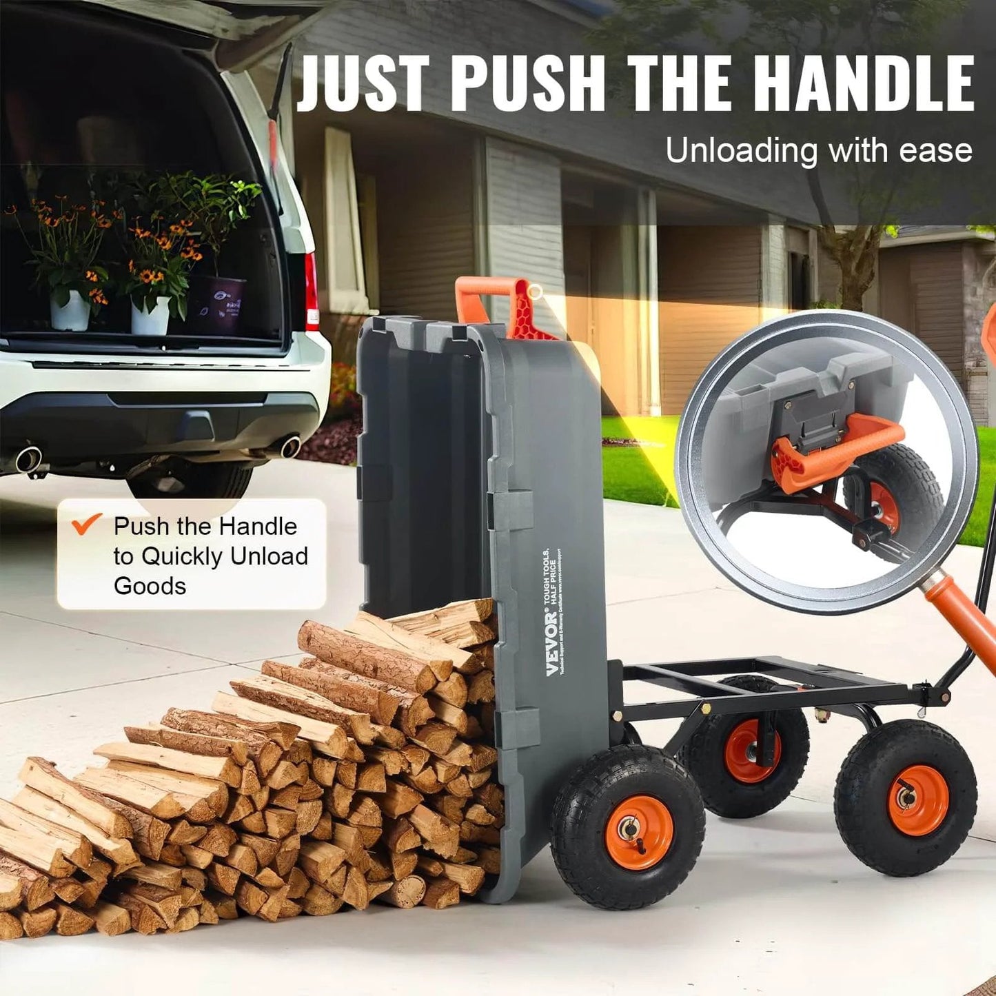 800 lb Poly Dump Garden Cart unloading firewood with quick release system near a car in the driveway