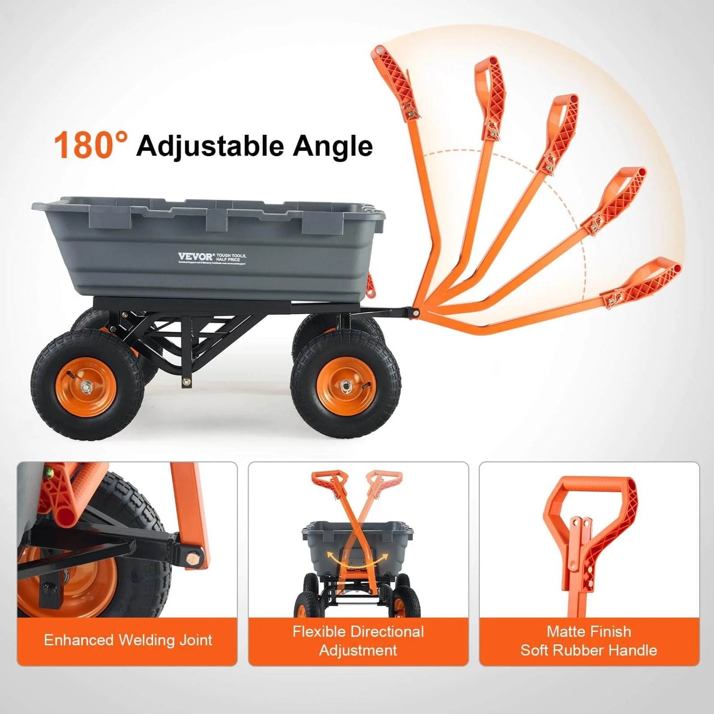1500 lb Poly Garden Dump Cart Wagon with 2 in 1 Convertible Handle showing adjustable angle and features