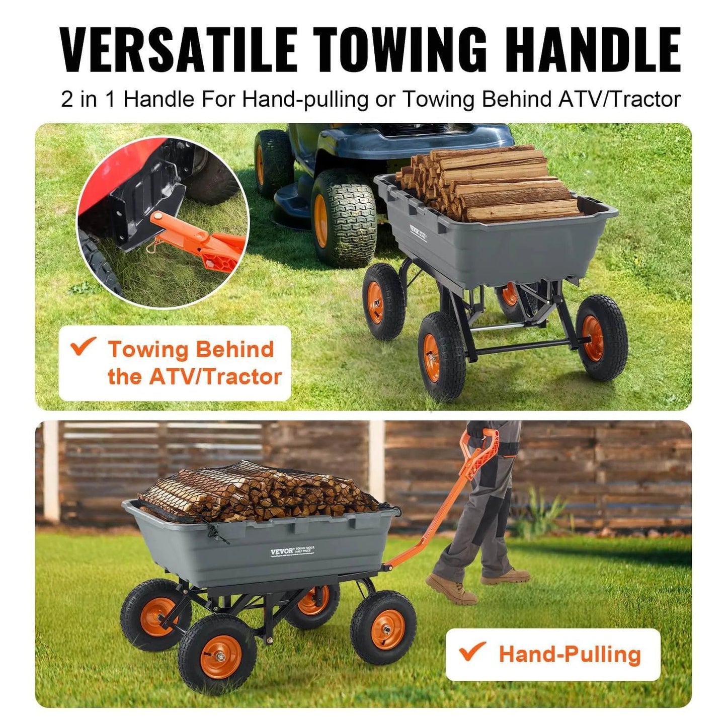 1500 lb Poly Garden Dump Cart Wagon with 2 in 1 Convertible Handle towing logs with ATV and hand-pulling in yard