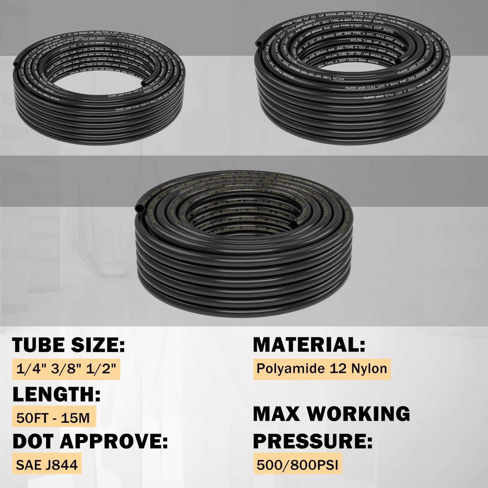 All In One DOT Air Line Kit With Brass Fittings 100 Pcs Includes 150 Ft Of One Half Inch Three Eighths Inch And One Quarter Inch Lines Push Lock Quick Connect Fittings Air Hose Pneumatic Tubing Plus Tees Unions Elbows on display showing 50 feet of black polyamide nylon tubes.