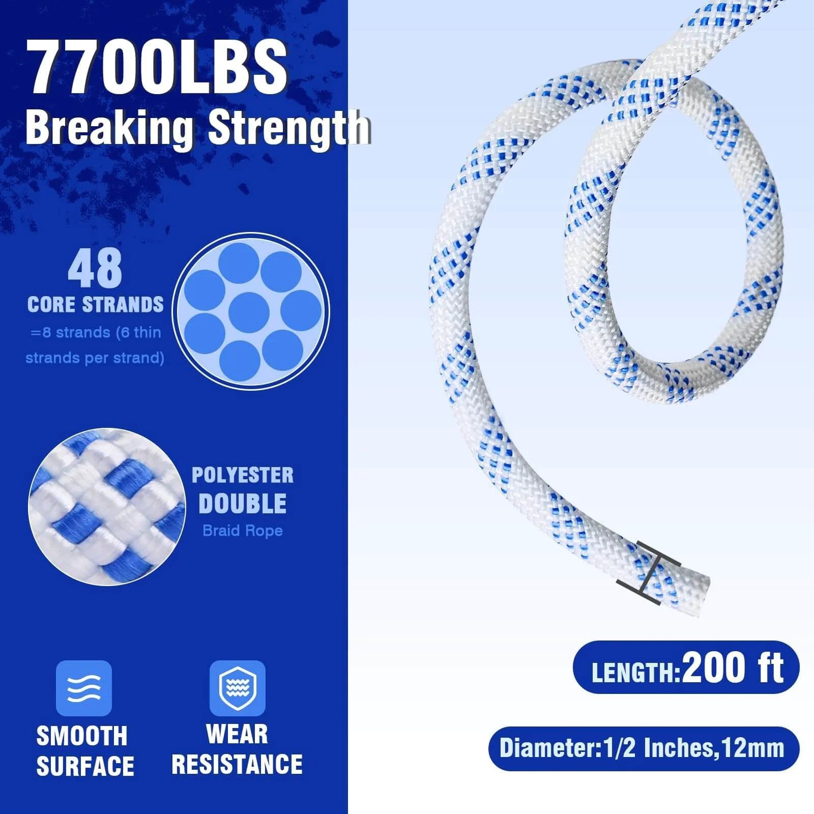 Close-up of 200ft x 1/2 inch polyester double braid rope with 7700 LB breaking strength for Double Block and Tackle Pulley System