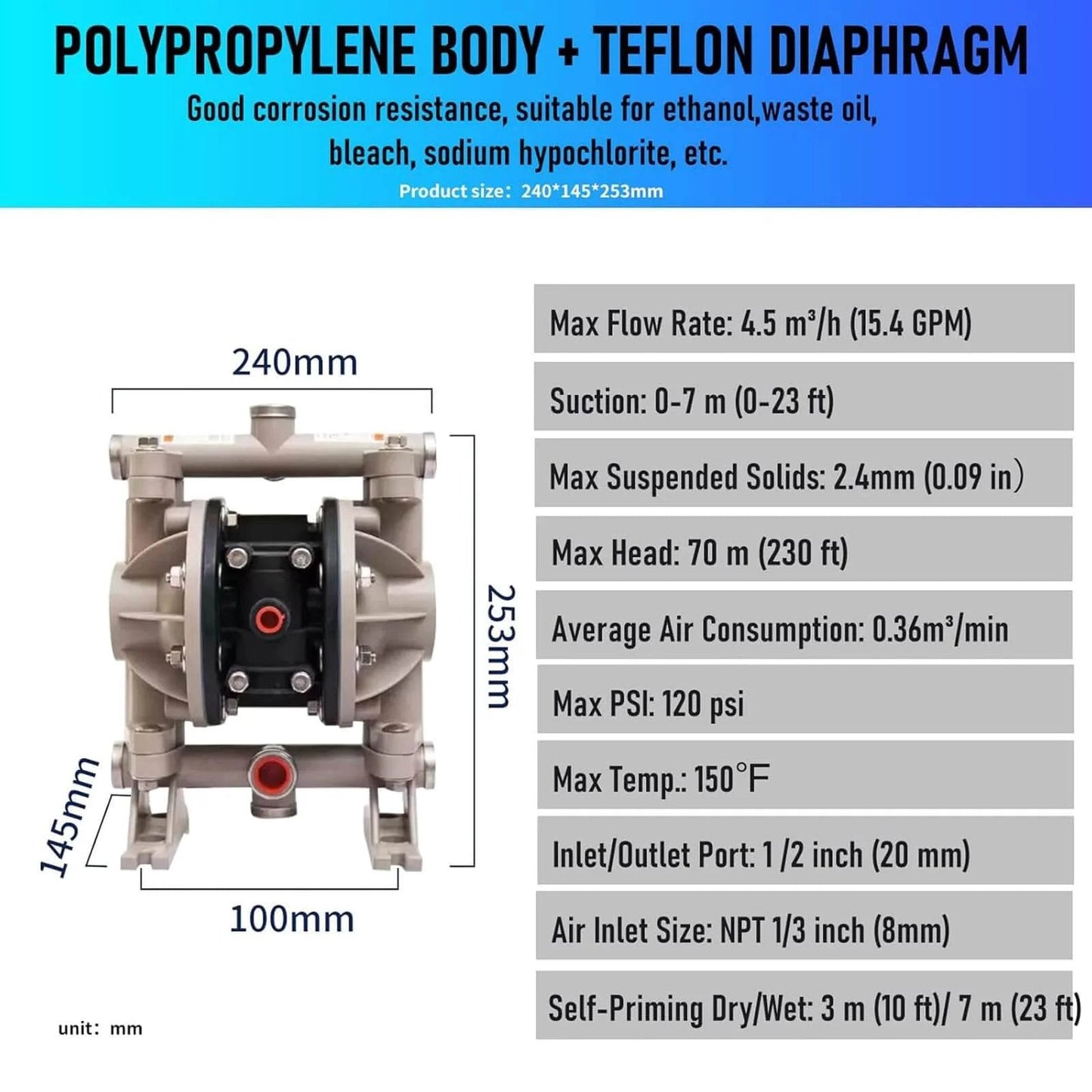 Air Operated Double Diaphragm Pump 1/2 inch Inlet/Outlet Pneumatic Waste Oil Transfer Pump for Chemical DN15 15GPM Dual Diaphram Teflon byPolypropylene115 PSI with dimensions and specifications chart