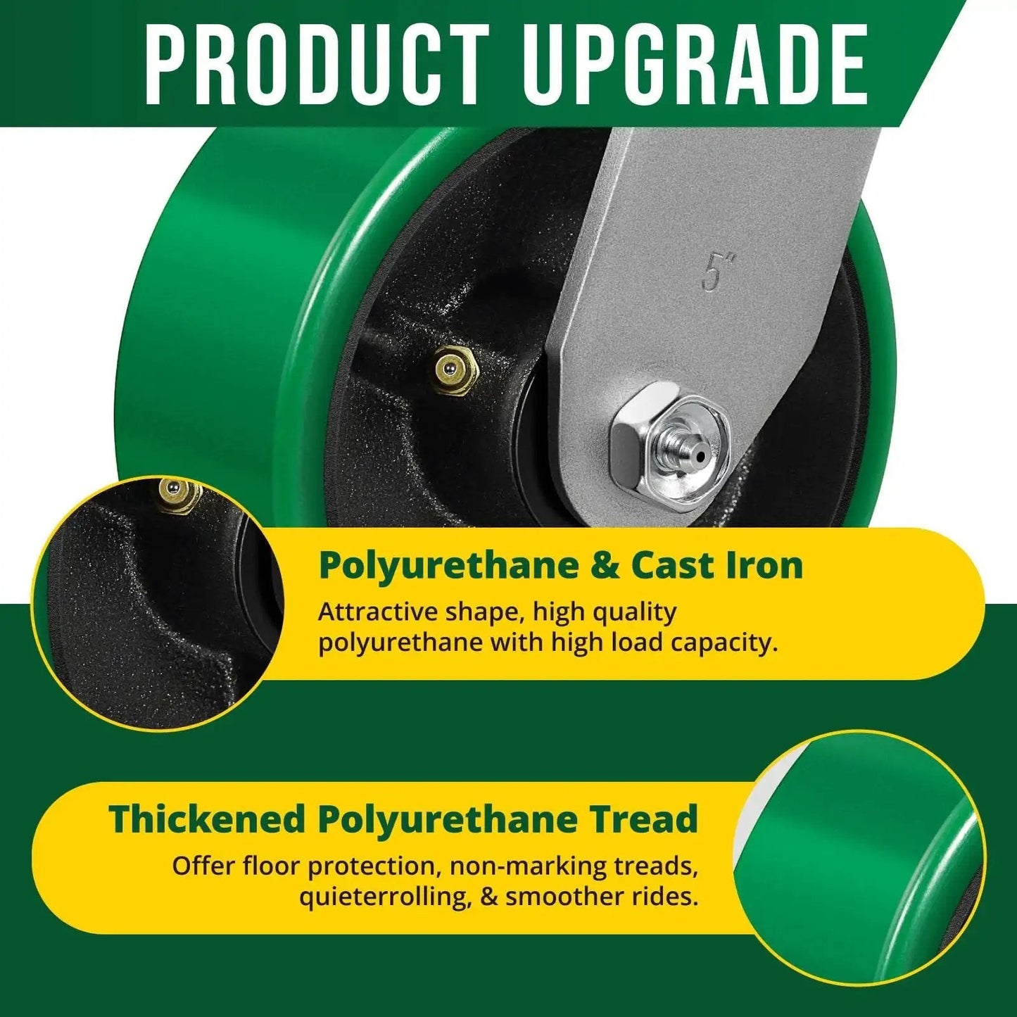 Close-up of 5 inch heavy duty caster wheel polyurethane on steel surface shows brake and plate mount casters for industrial use.