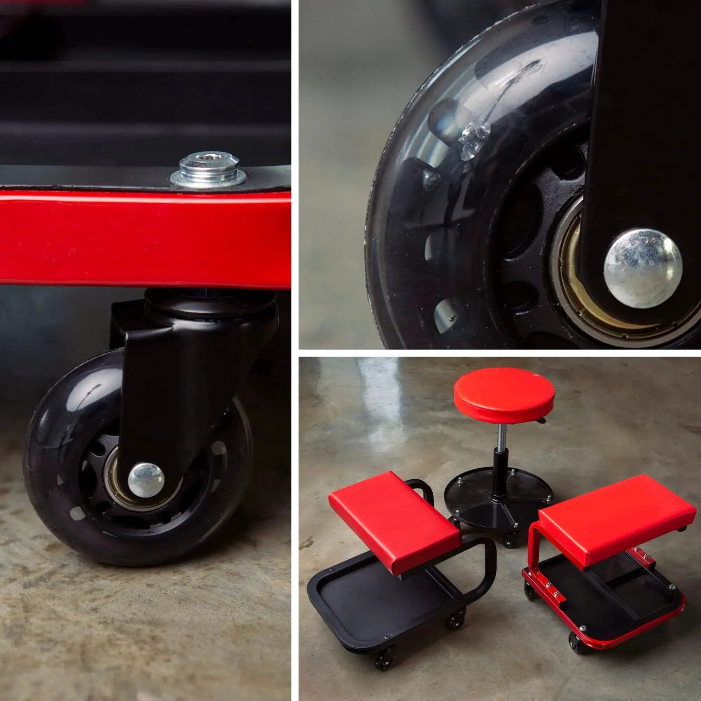 Heavy Duty Creeper Caster Wheels Set Of Six With Two And A Half Inch Polyurethane Rollers and Industrial Steel Bearings, shown in use on tool cart