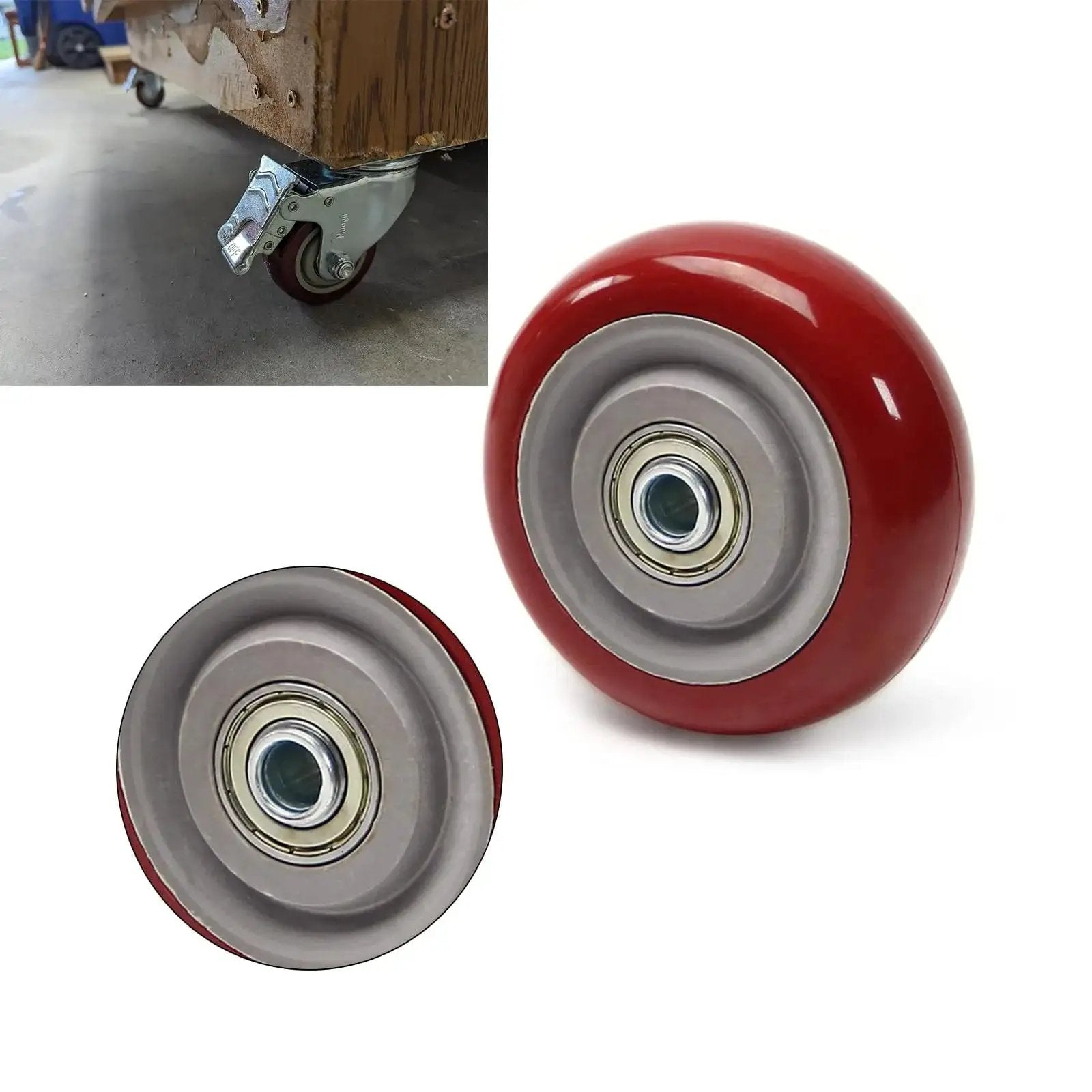 2.5 Inch Caster Wheels Set 4 Heavy Duty Lockable Bearing Plate Casters For Platform Trucks Carts Furniture And Workbenches Up To 220 Lbs 100 Kg Polyurethane Wheels Smooth Quiet Rolling showing red polyurethane wheel and installed view on platform