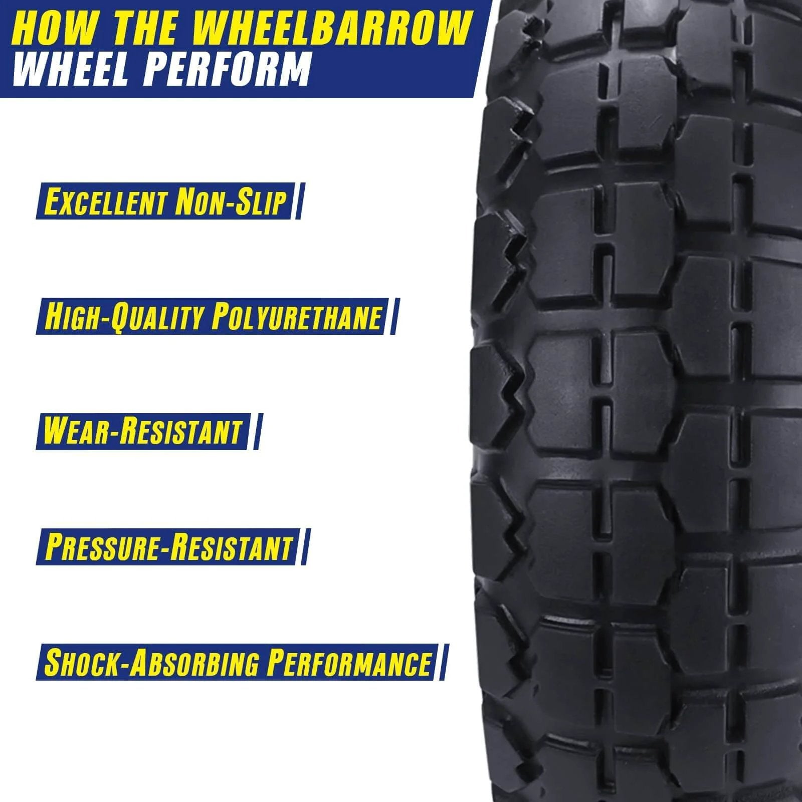 Close-up of 10" flat free tire showing tread pattern, label highlights non-slip, polyurethane, wear-resistant features